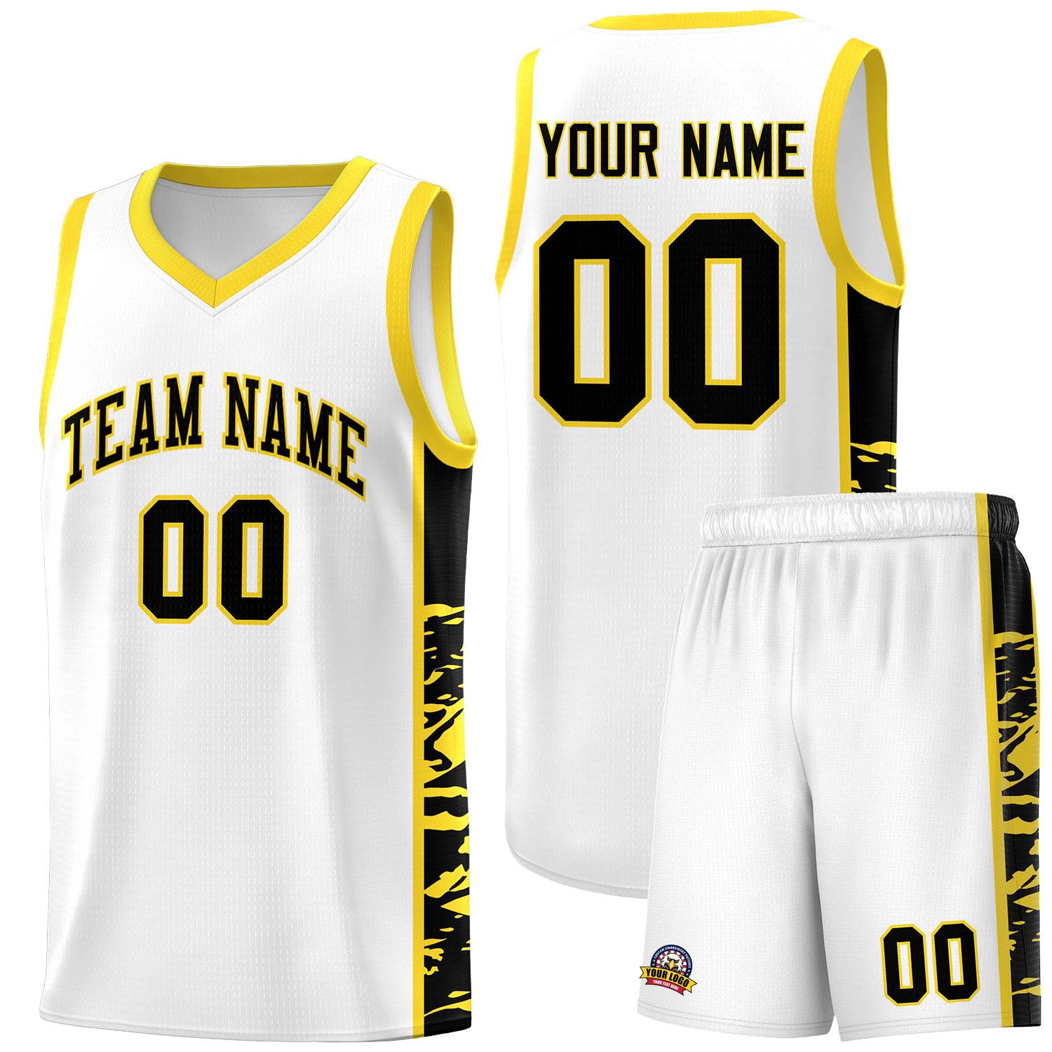 Custom White Gold Side Gradient Pattern Basketball Kits