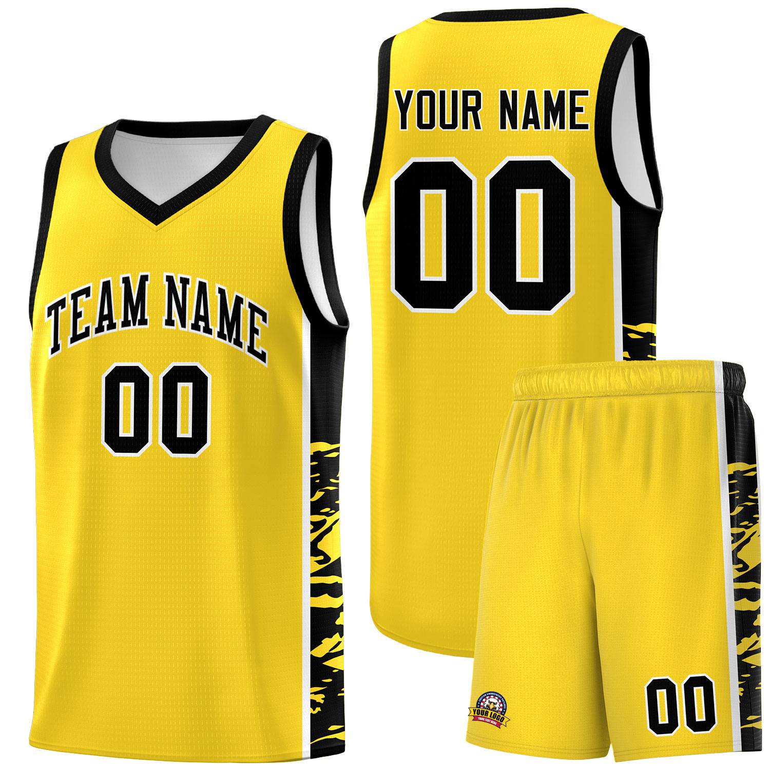 Custom Gold Black Side Gradient Pattern Basketball Kits
