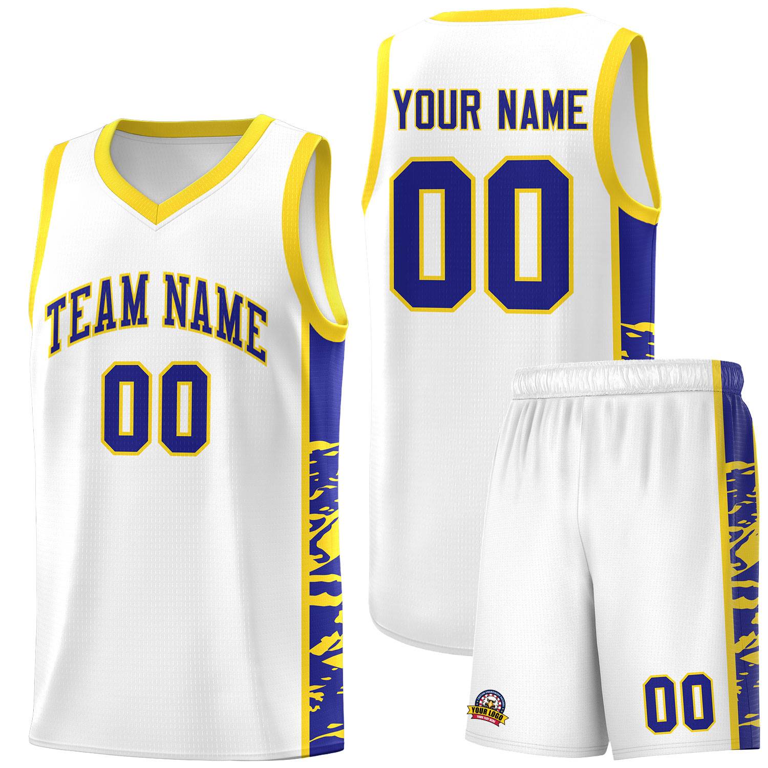 Custom White Gold Side Gradient Pattern Basketball Kits
