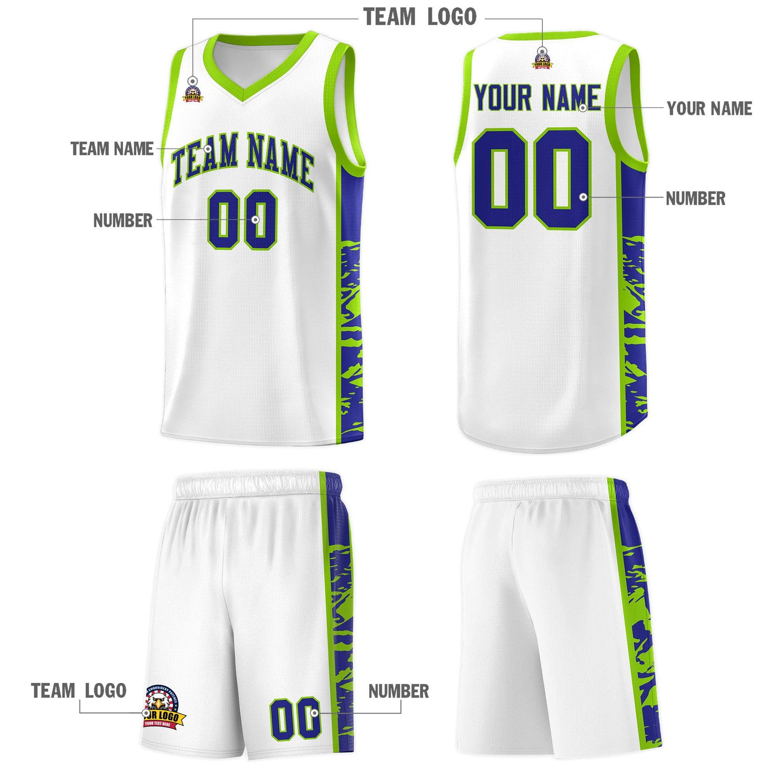 Custom White Neon Green Side Gradient Pattern Basketball Kits