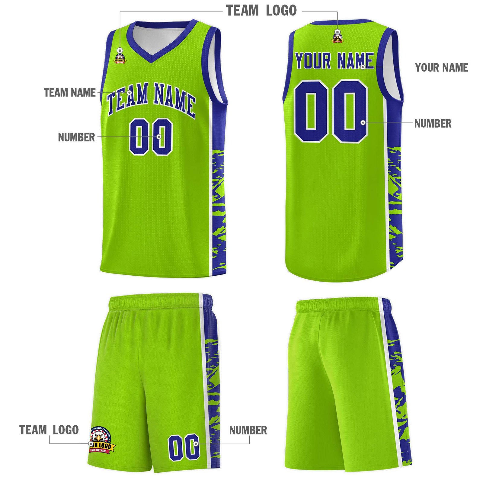 Custom Neon Green Royal Side Gradient Pattern Basketball Kits