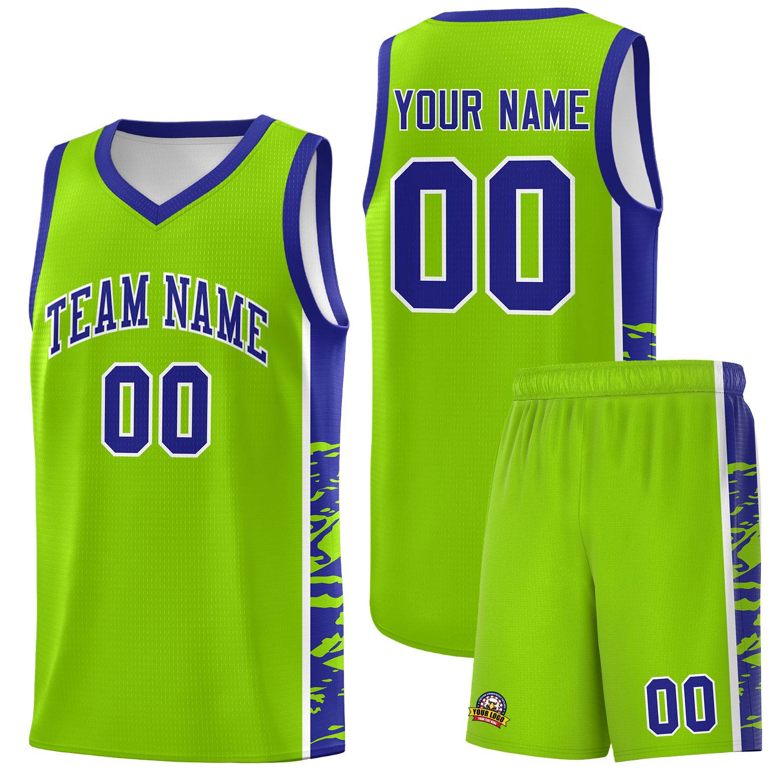 Custom Neon Green Royal Side Gradient Pattern Basketball Kits