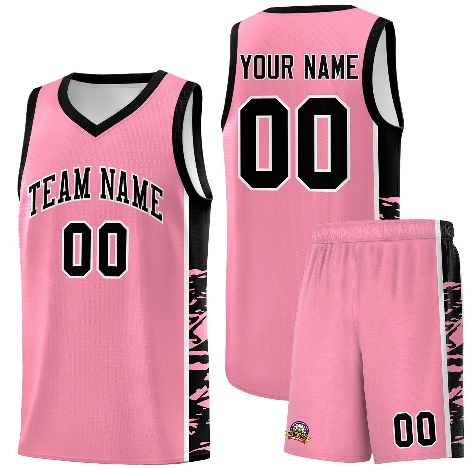 Custom Light Pink Black Side Gradient Pattern Basketball Kits