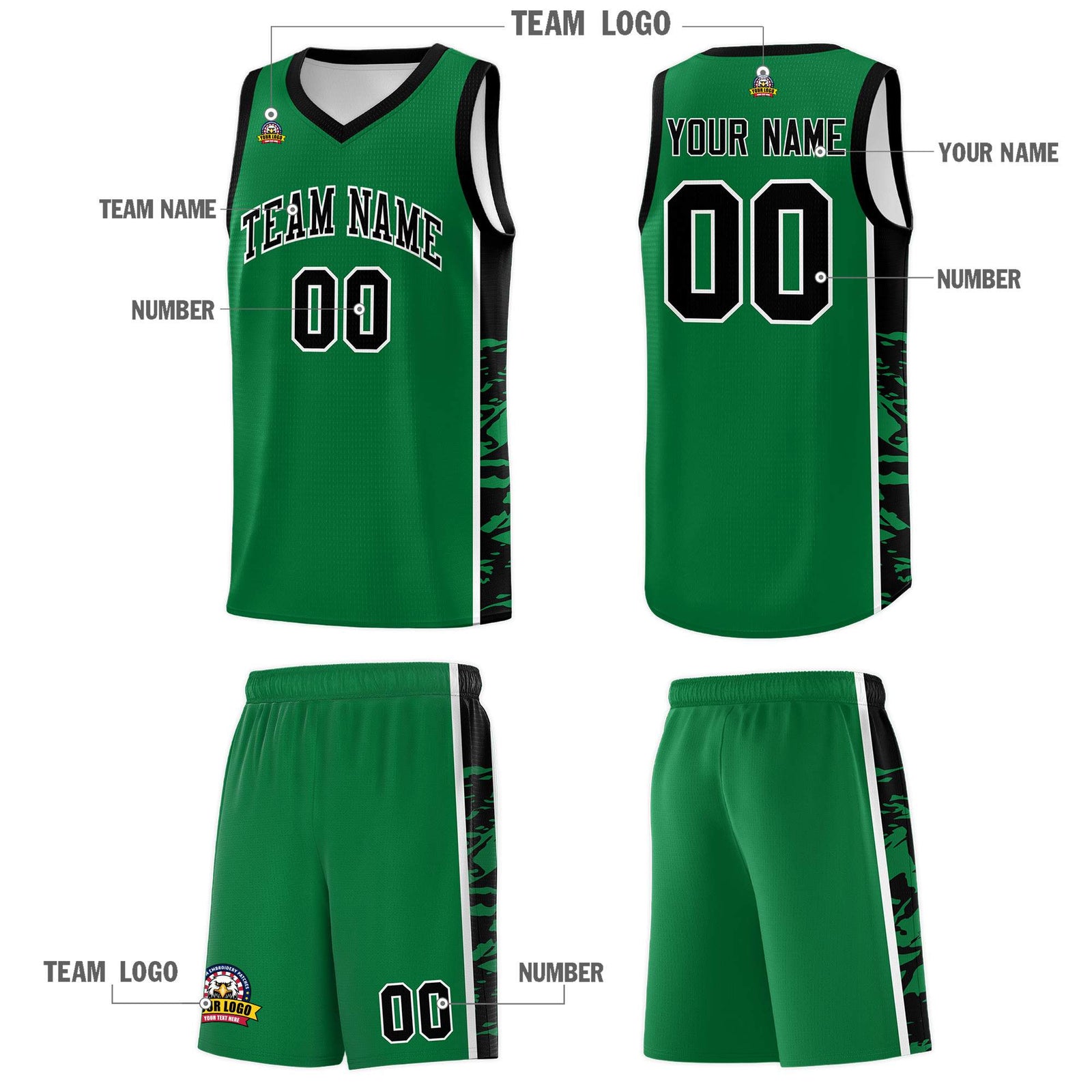 Custom Kelly Green Black Side Gradient Pattern Basketball Kits