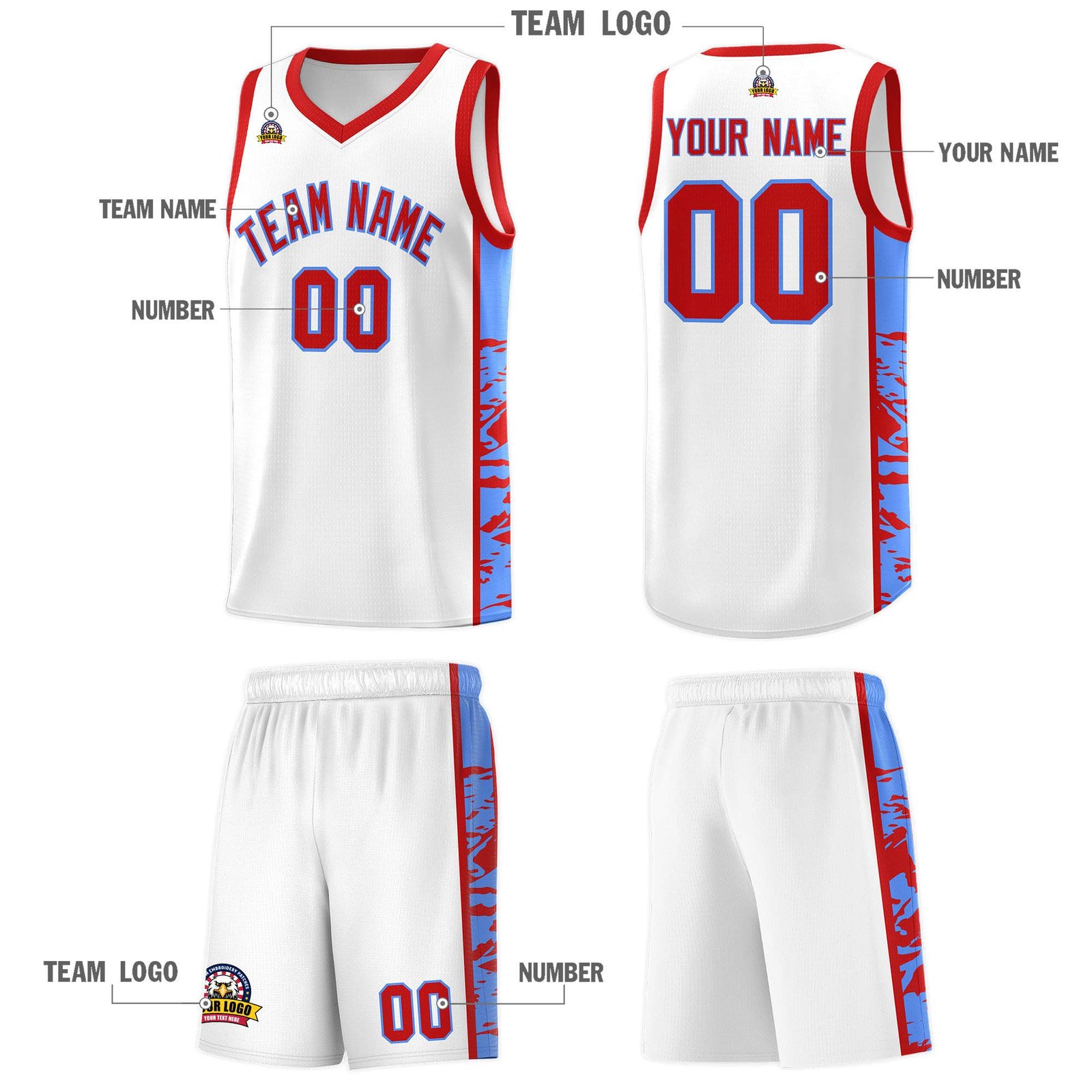 Custom White Red Side Gradient Pattern Basketball Kits