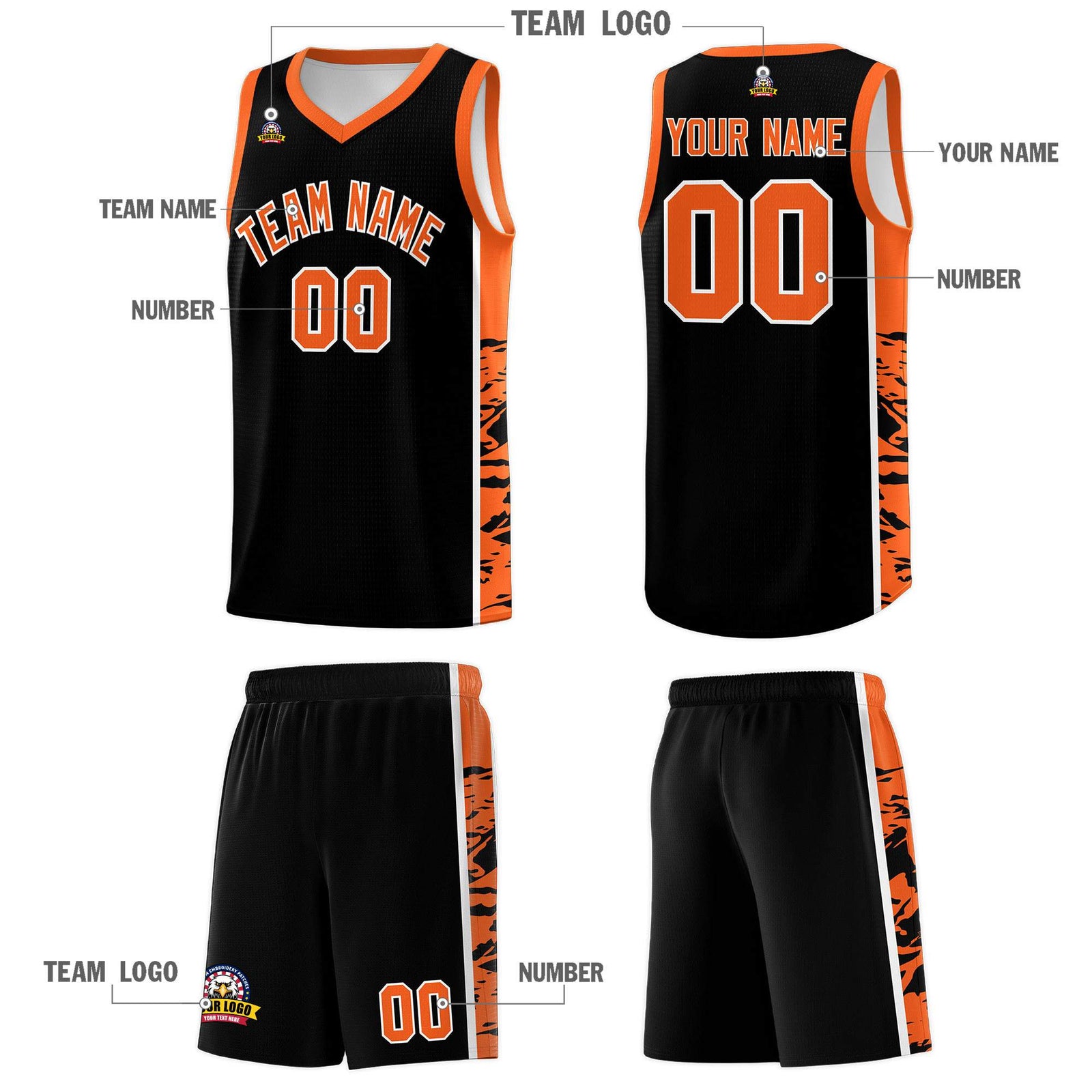 Custom Black Orange Side Gradient Pattern Basketball Kits