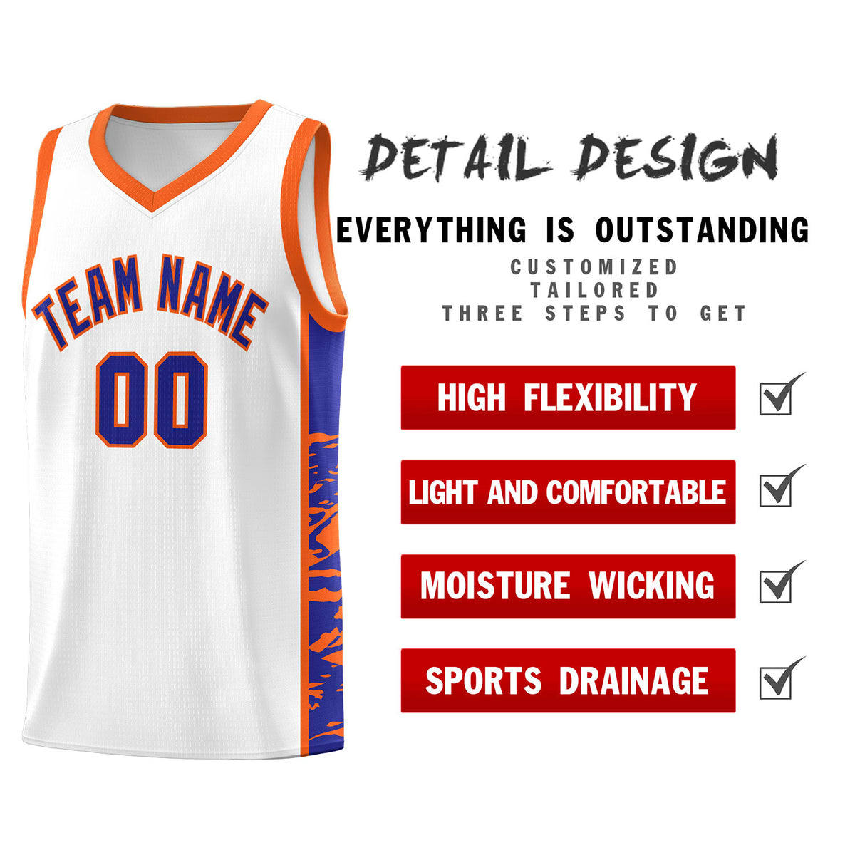 Custom White Orange Side Gradient Pattern Basketball Kits