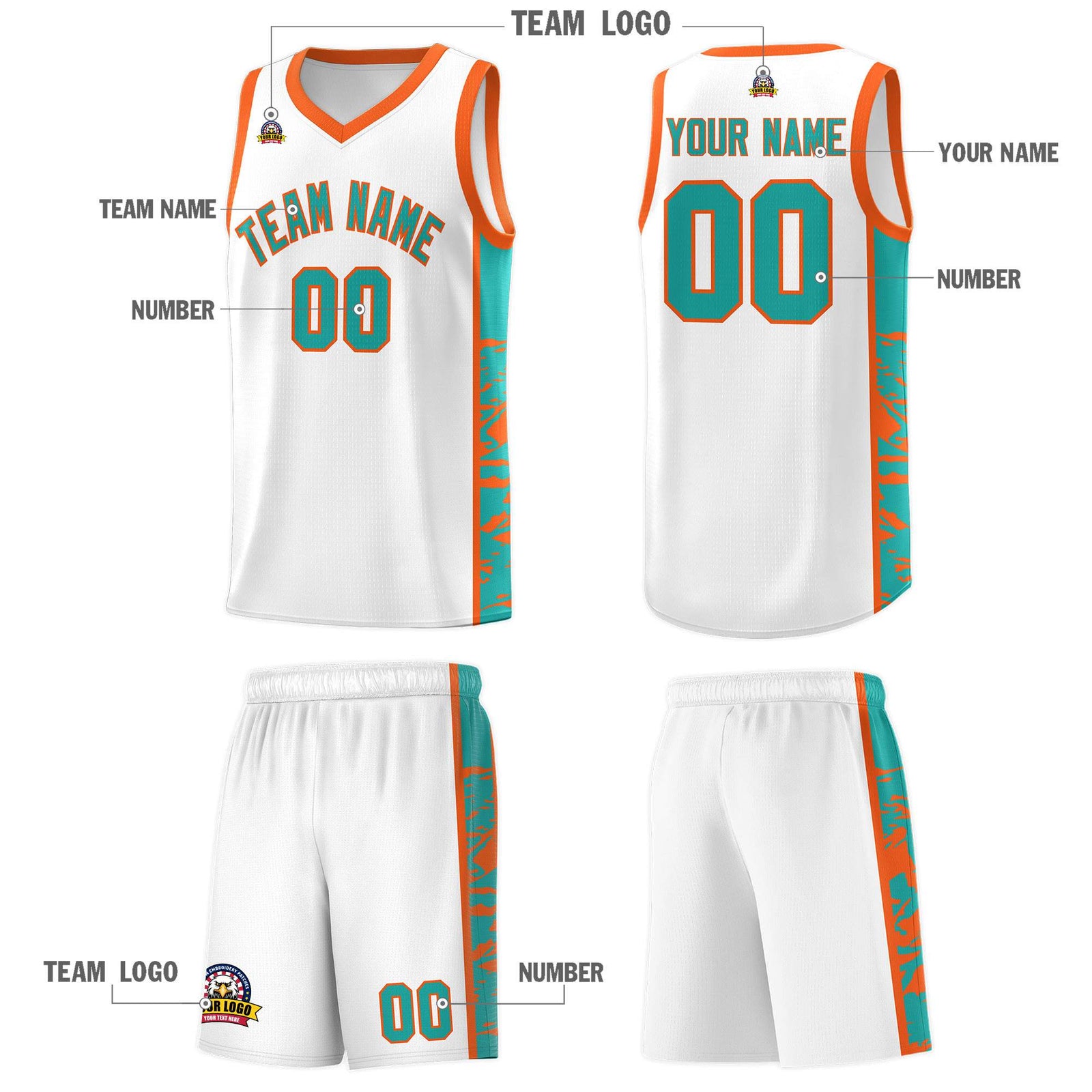 Custom White Orange Side Gradient Pattern Basketball Kits