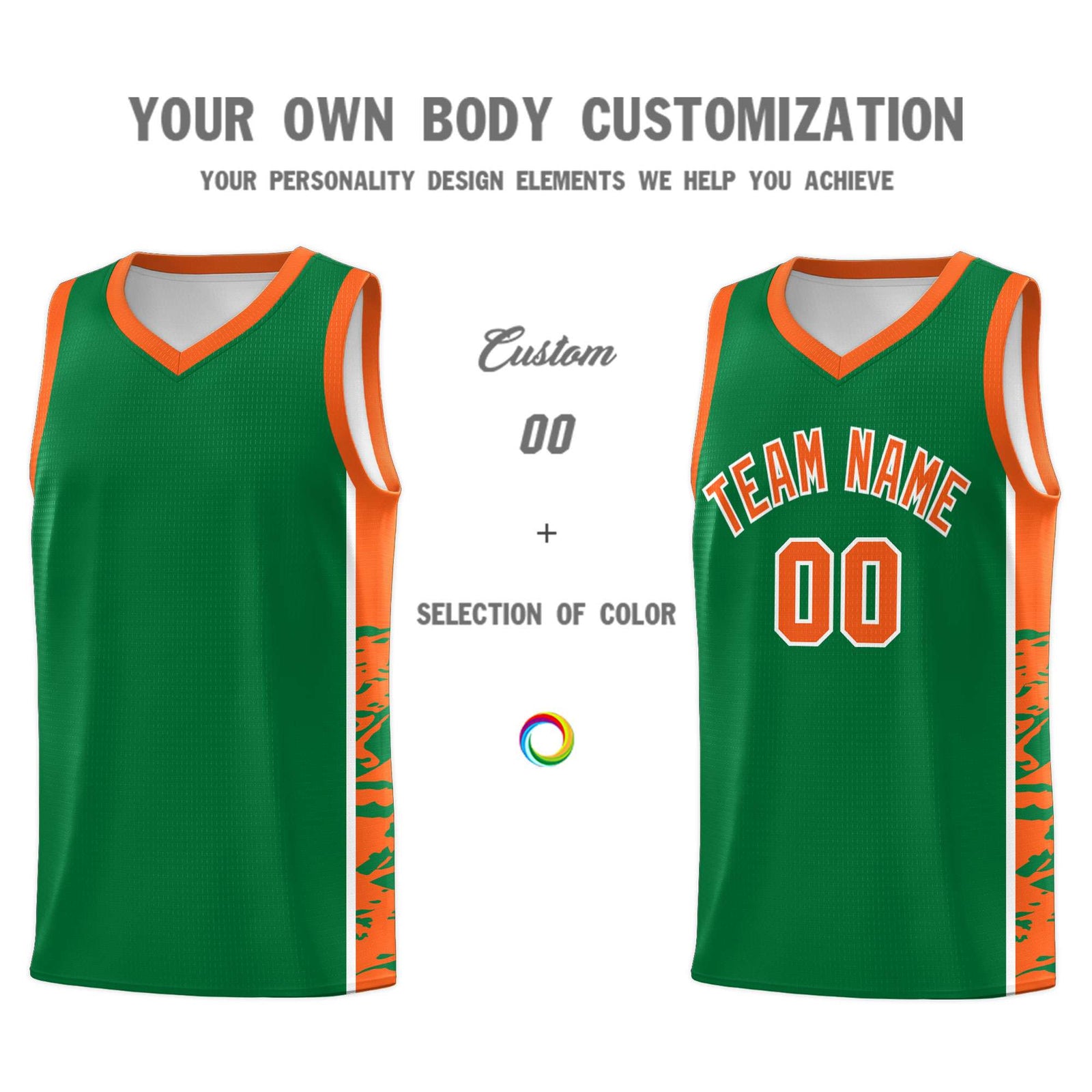 Custom Kelly Green Orange Side Gradient Pattern Basketball Kits