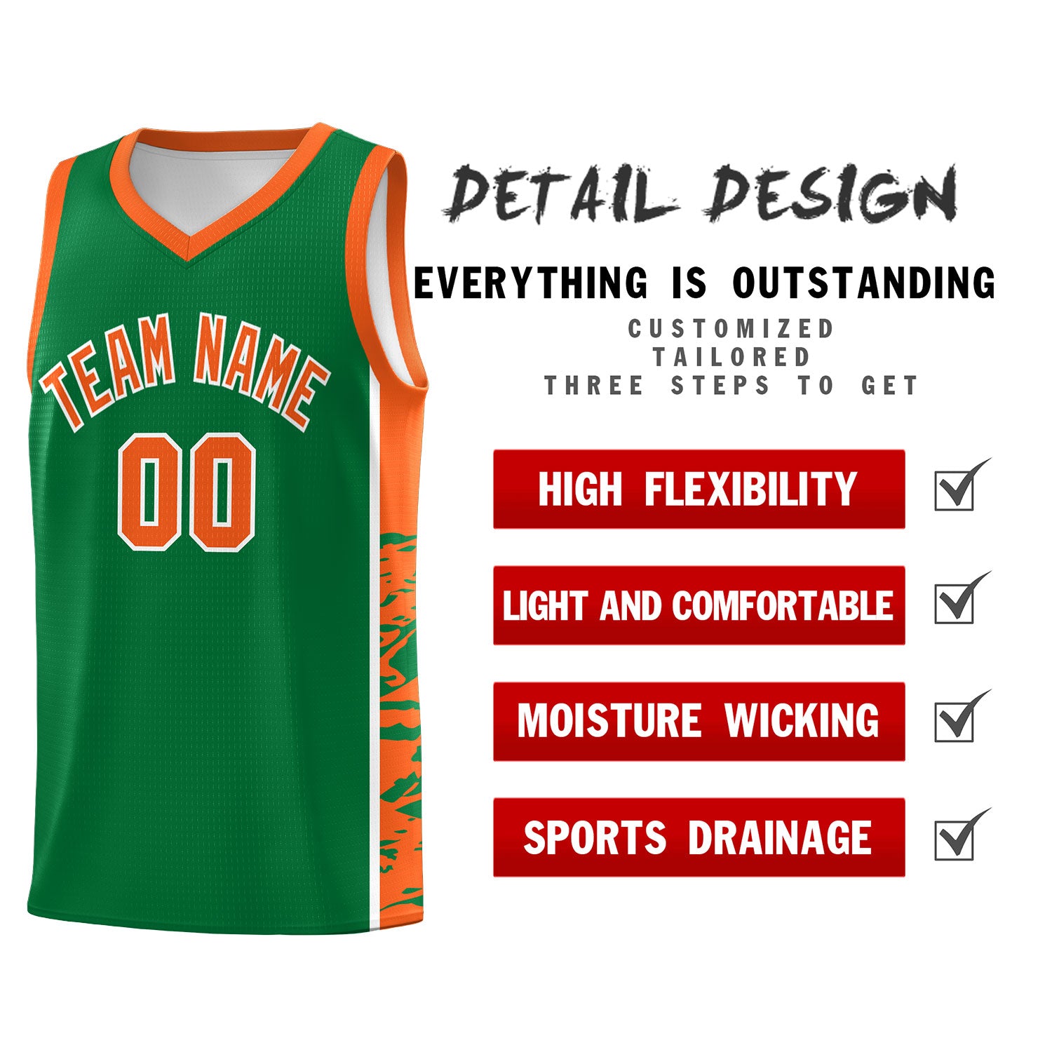 Custom Kelly Green Orange Side Gradient Pattern Basketball Kits
