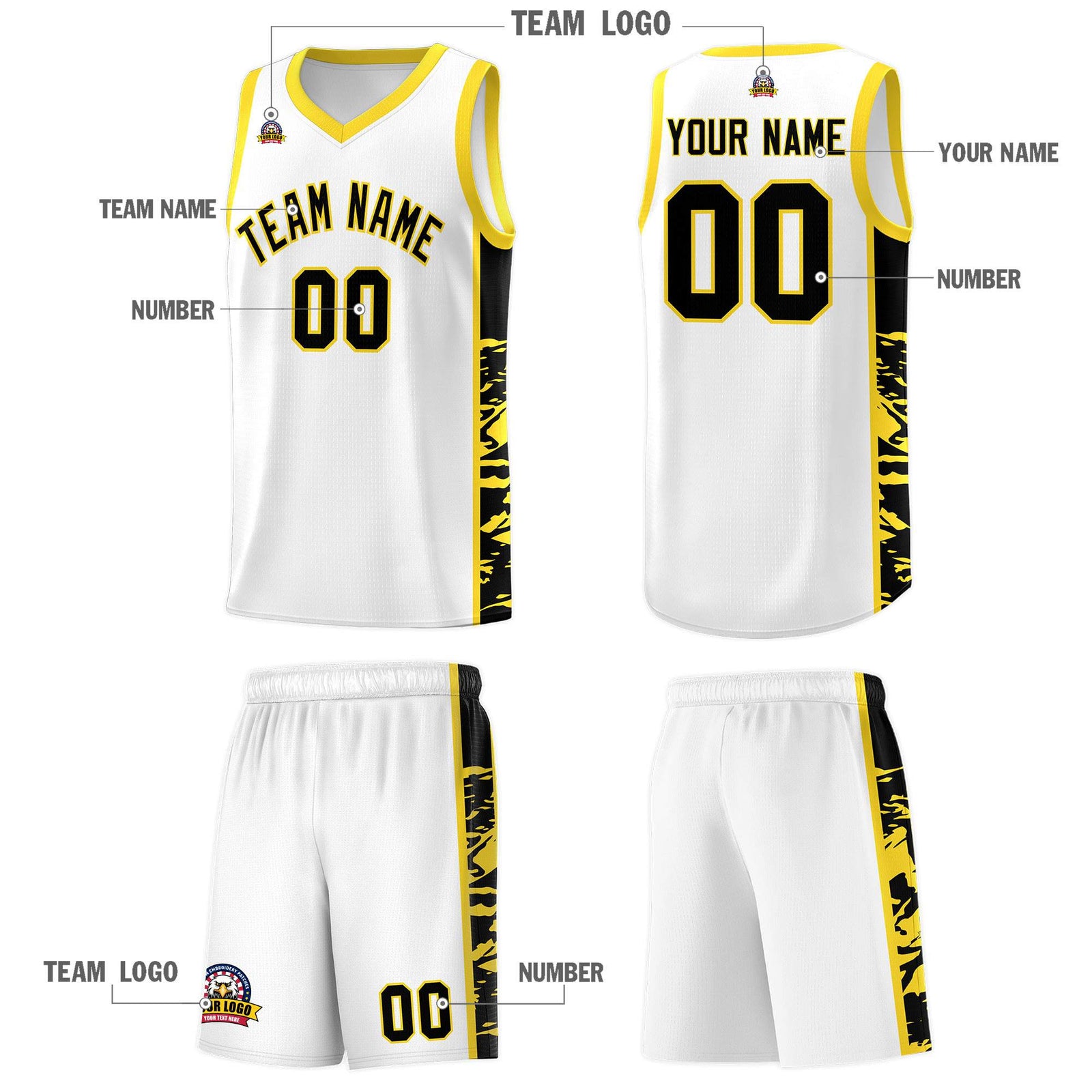 Custom White Gold Side Gradient Pattern Basketball Kits