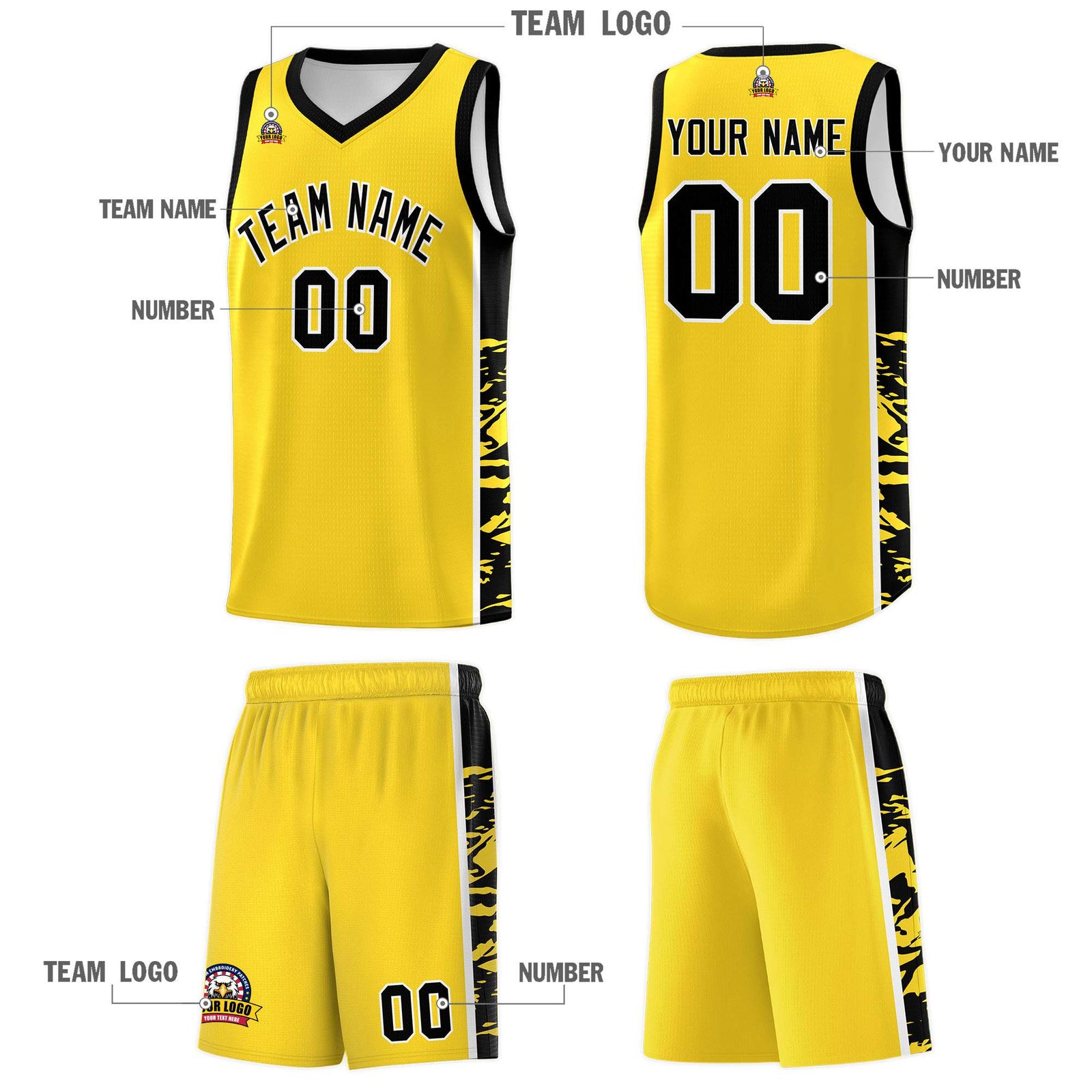 Custom Gold Black Side Gradient Pattern Basketball Kits