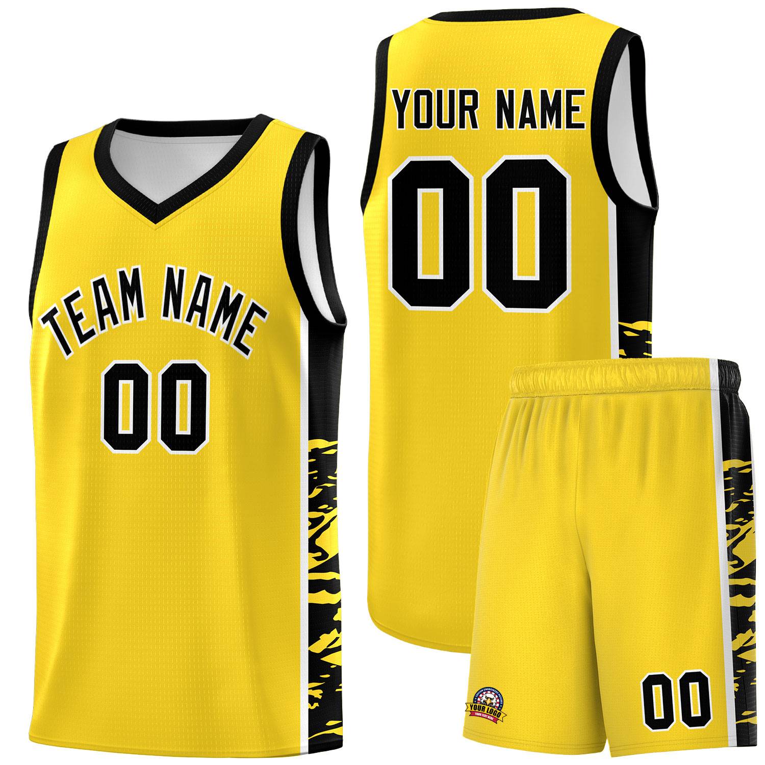 Custom Gold Black Side Gradient Pattern Basketball Kits