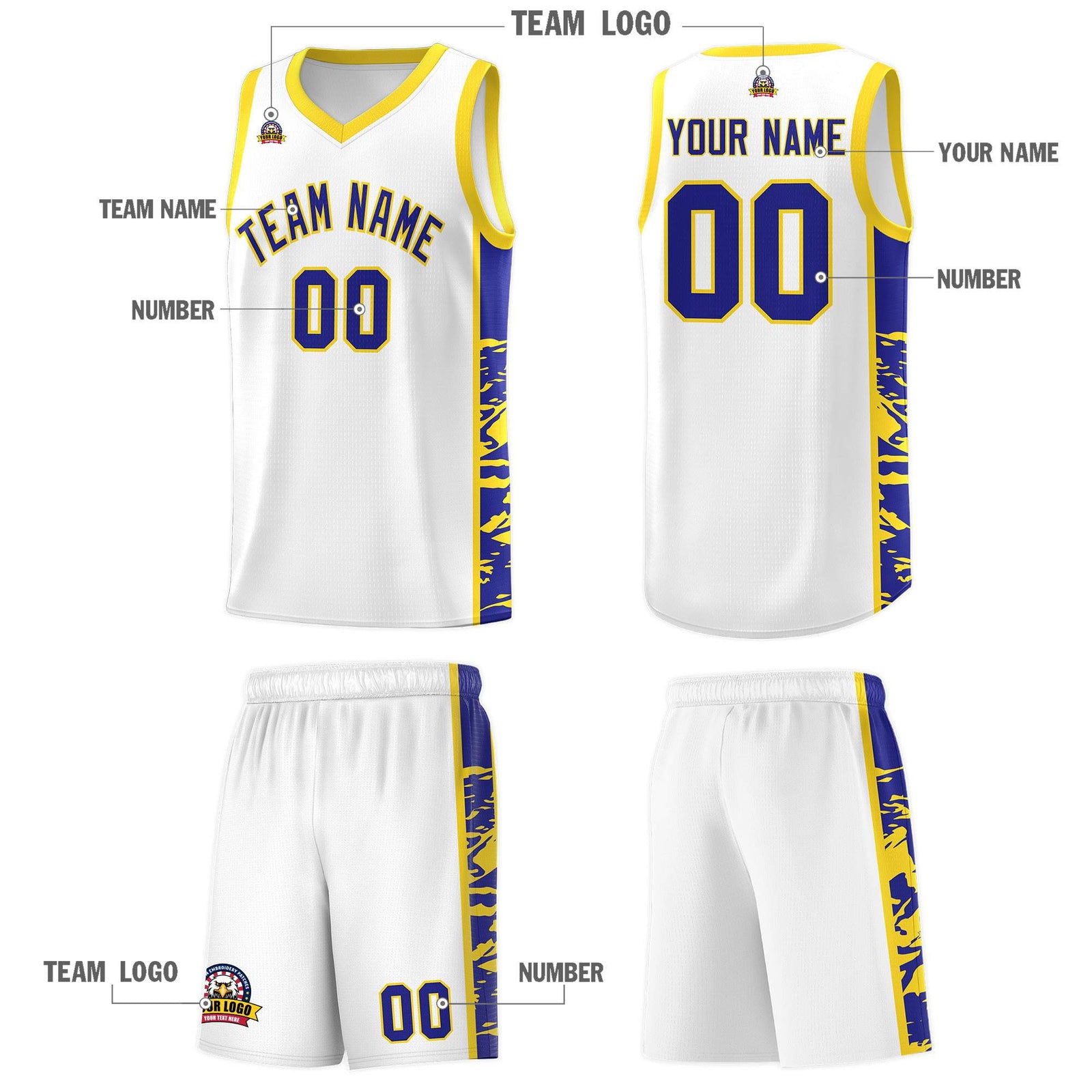 Custom White Gold Side Gradient Pattern Basketball Kits