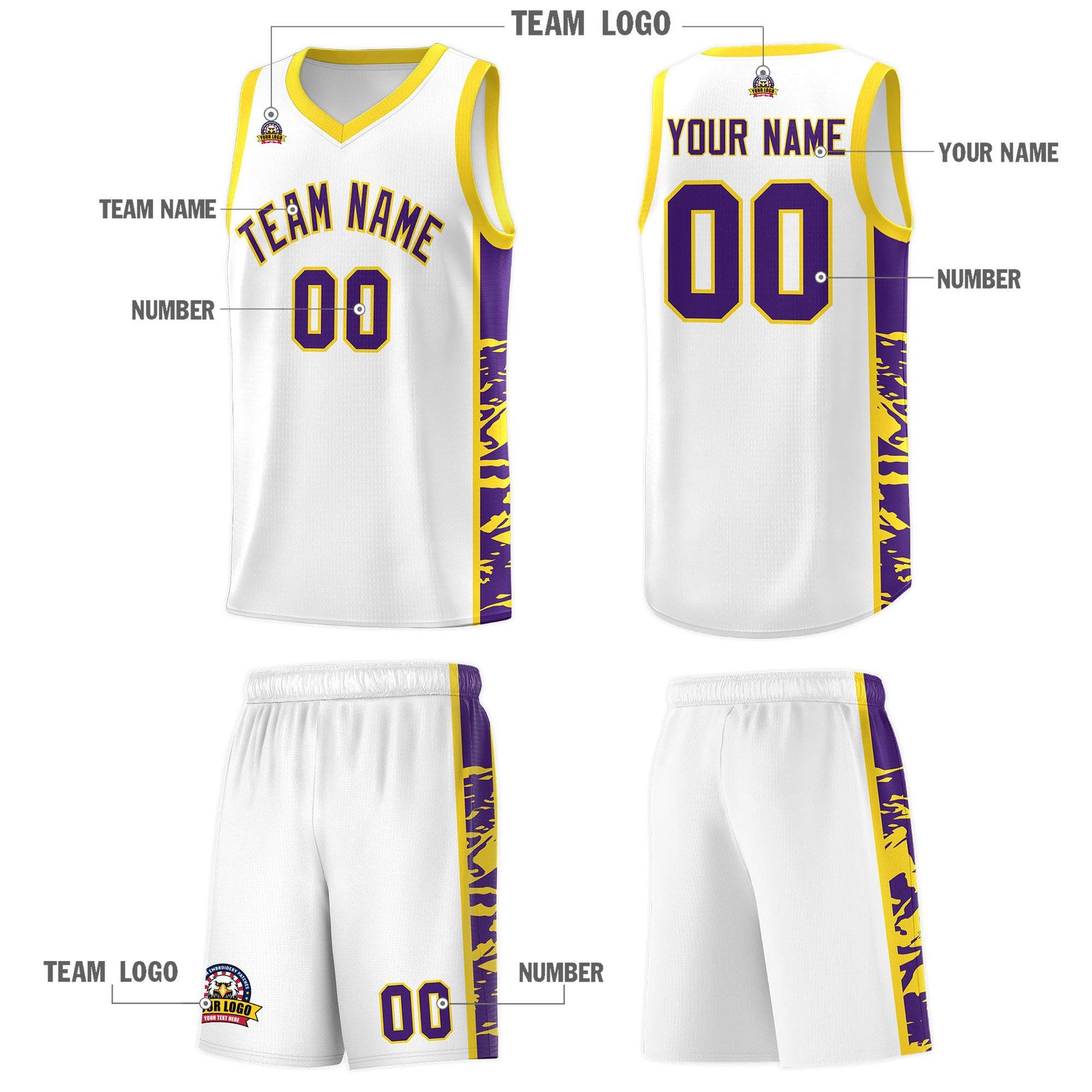 Custom White Gold Side Gradient Pattern Basketball Kits