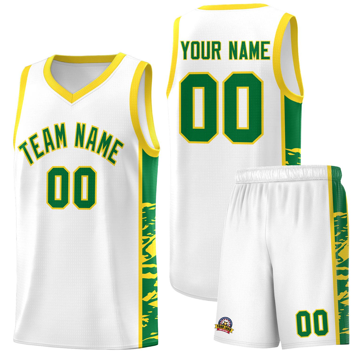 Custom White Gold Side Gradient Pattern Basketball Kits