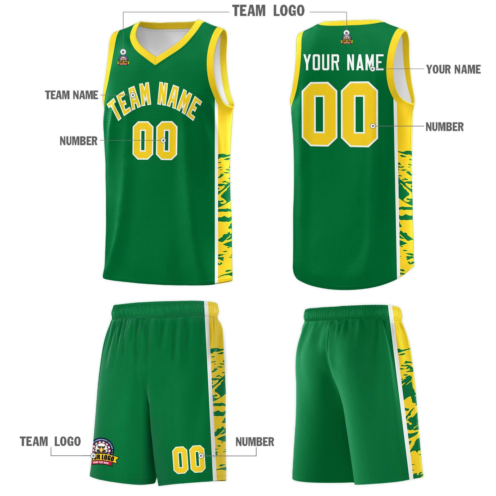 Custom Kelly Green Gold Side Gradient Pattern Basketball Kits