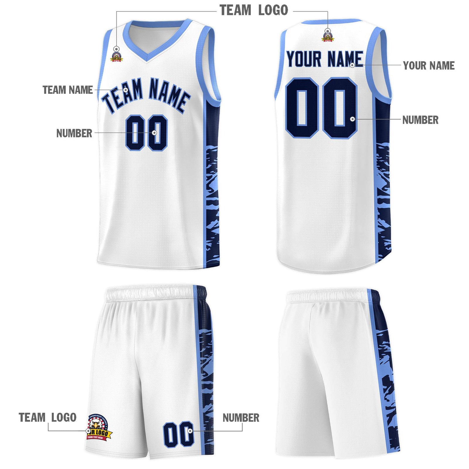 Custom White Light Blue Side Gradient Pattern Basketball Kits