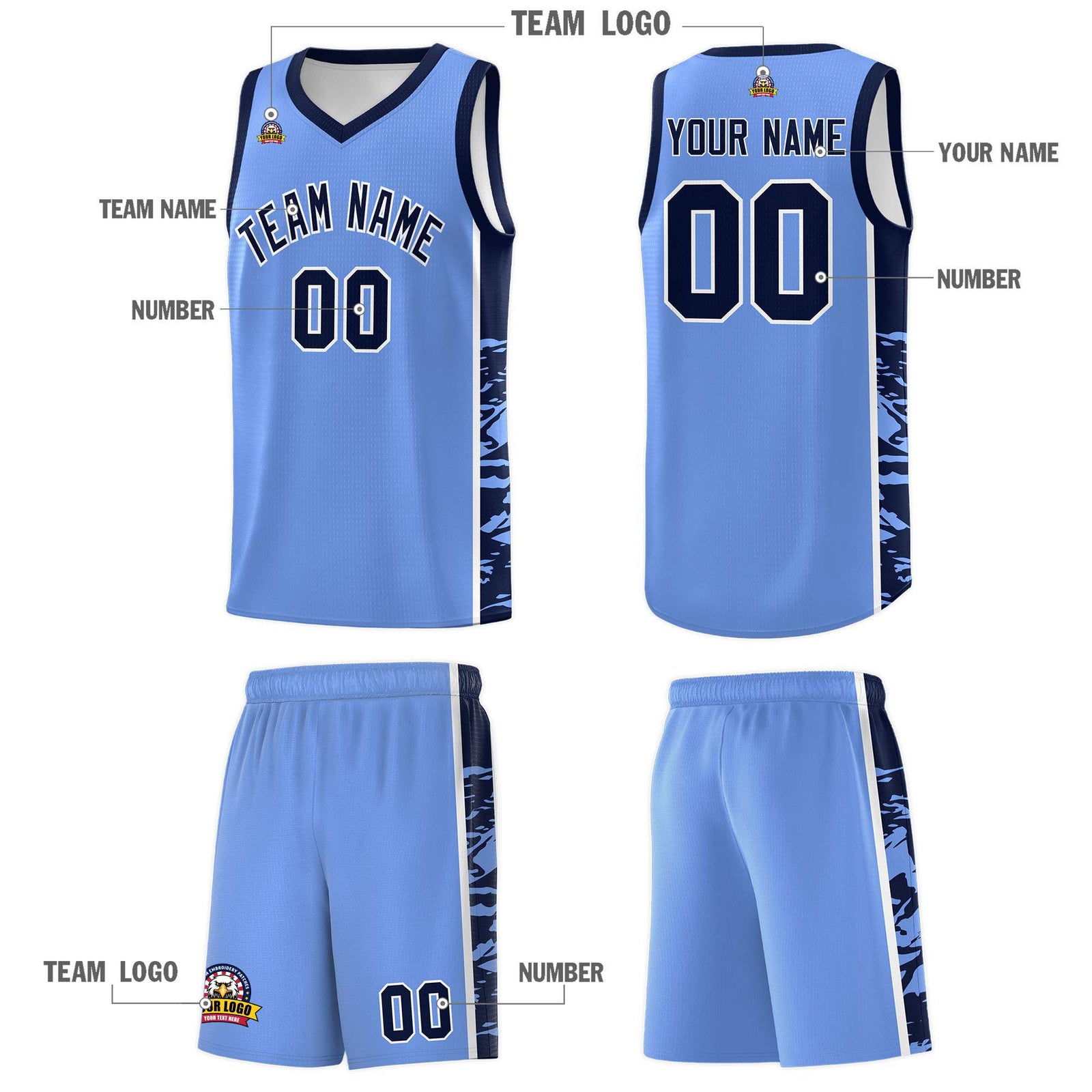 Custom Light Blue Navy Side Gradient Pattern Basketball Kits