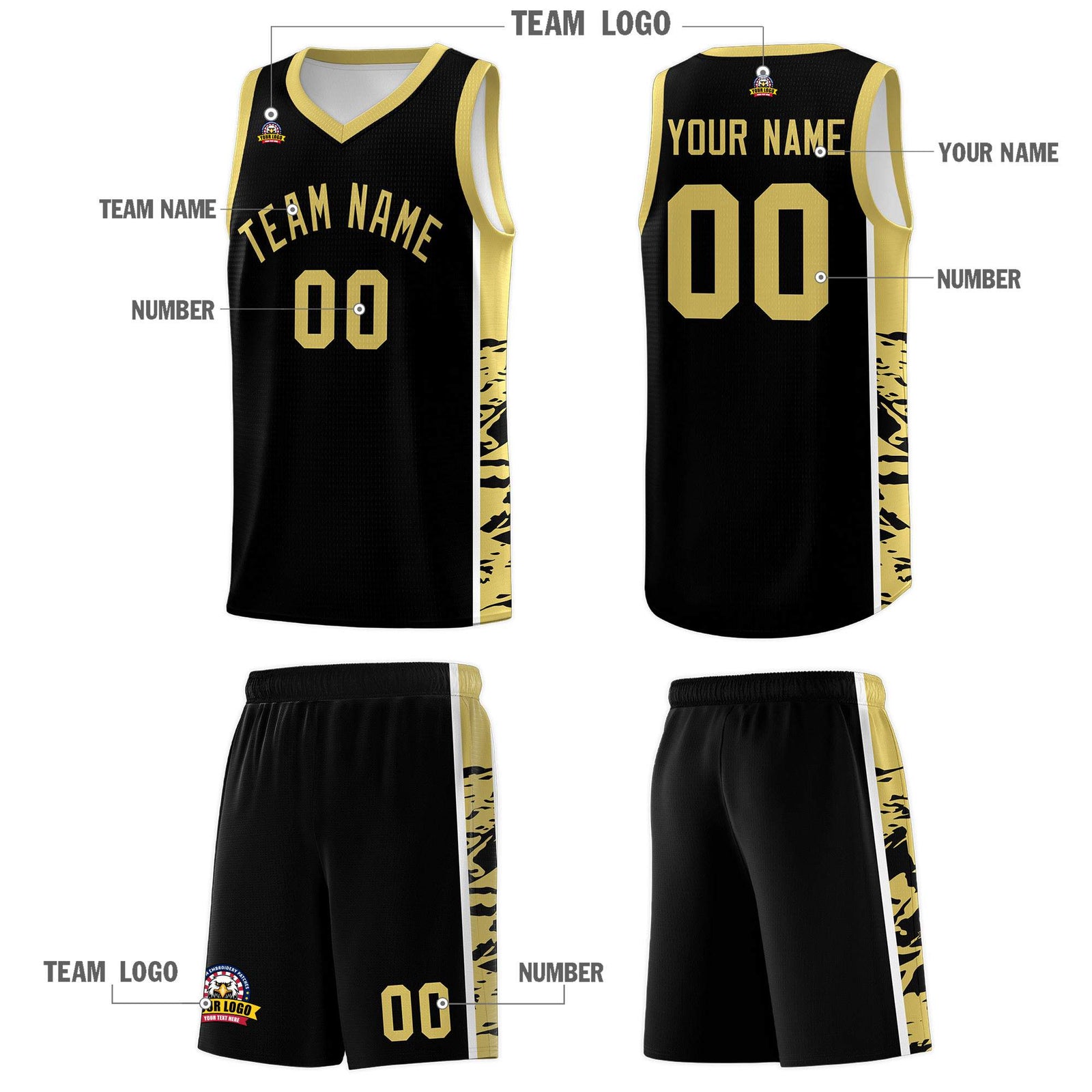 Custom Black Old Gold Side Gradient Pattern Basketball Kits