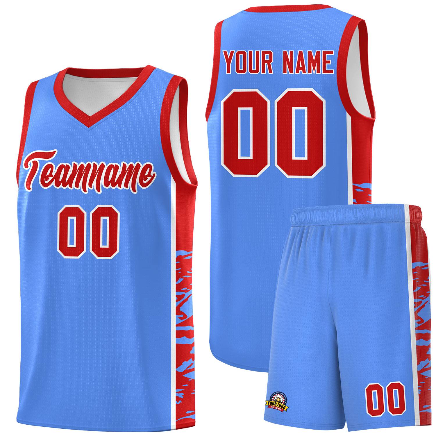 Custom Powder Blue Red Side Gradient Pattern Basketball Kits