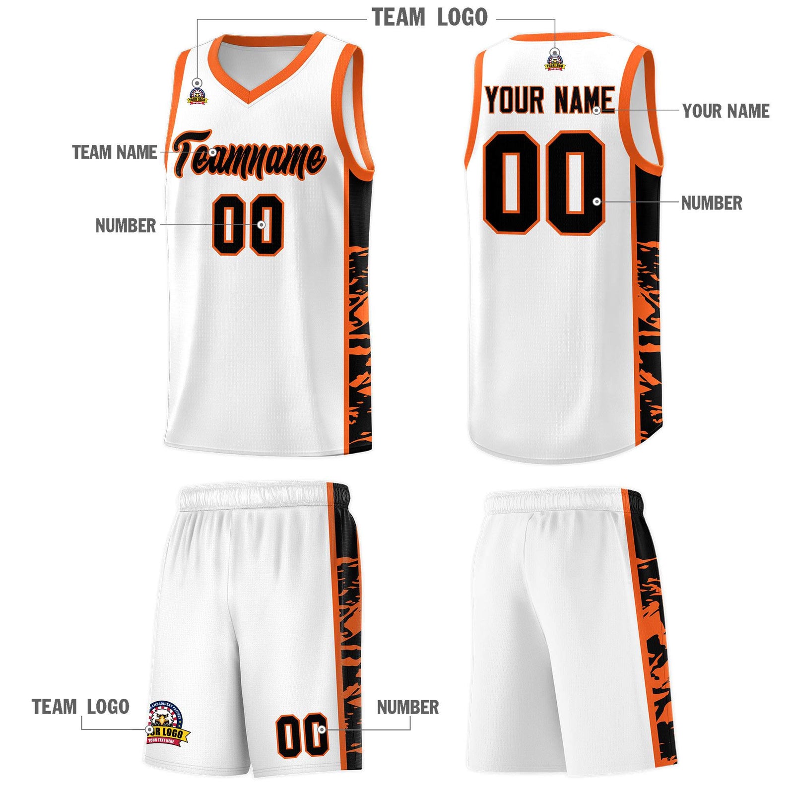 Custom White Orange Side Gradient Pattern Basketball Kits