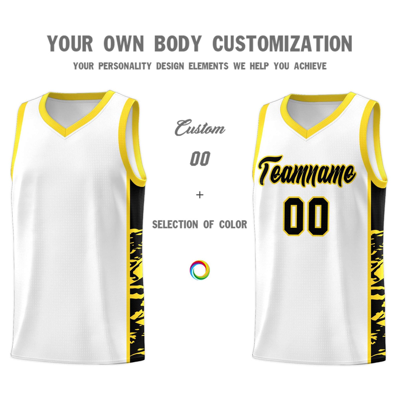 Custom White Gold Side Gradient Pattern Basketball Kits