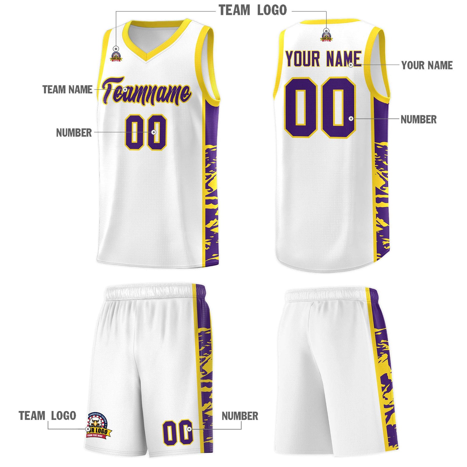 Custom White Gold Side Gradient Pattern Basketball Kits
