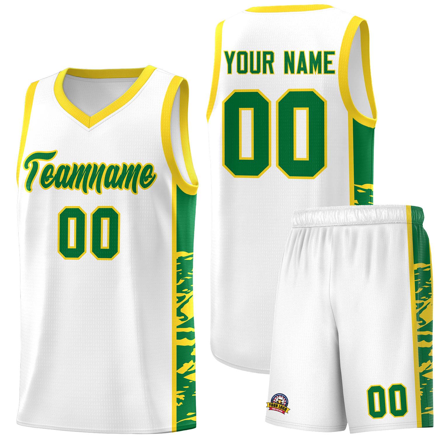 Custom White Gold Side Gradient Pattern Basketball Kits