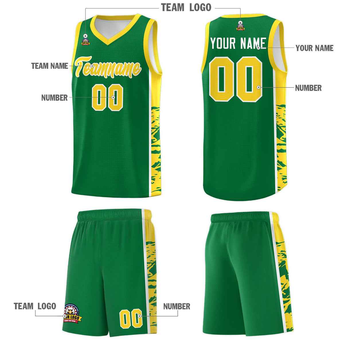 Custom Kelly Green Gold Side Gradient Pattern Basketball Kits