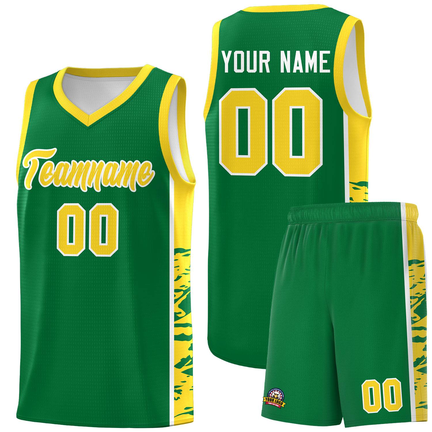Custom Kelly Green Gold Side Gradient Pattern Basketball Kits