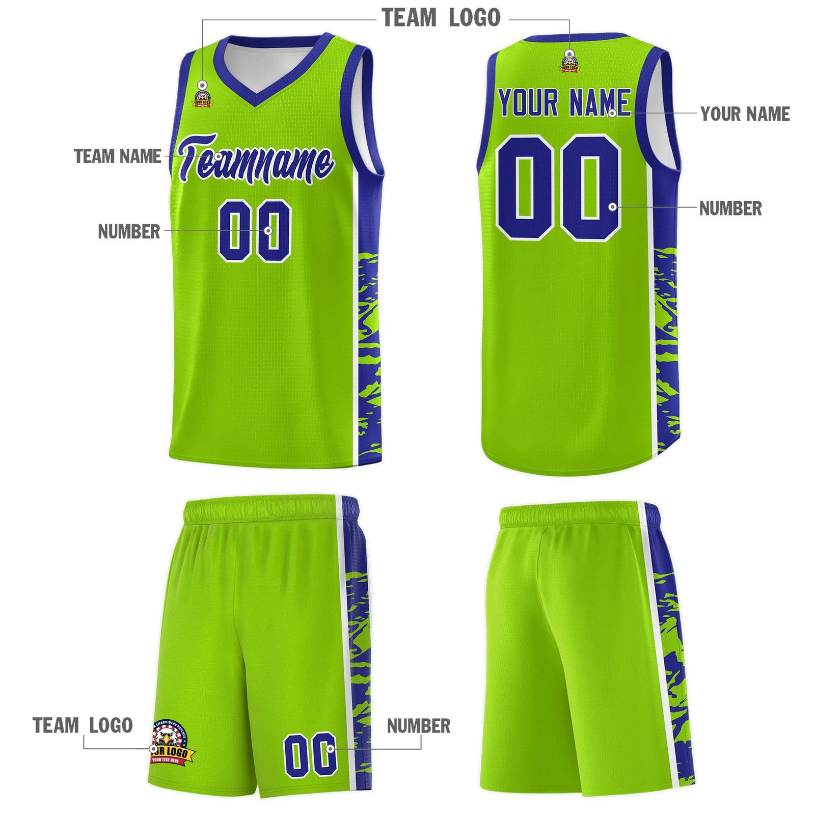 Custom Neon Green Royal Side Gradient Pattern Basketball Kits