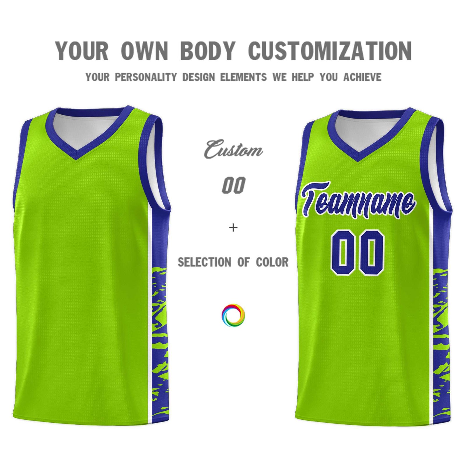Custom Neon Green Royal Side Gradient Pattern Basketball Kits