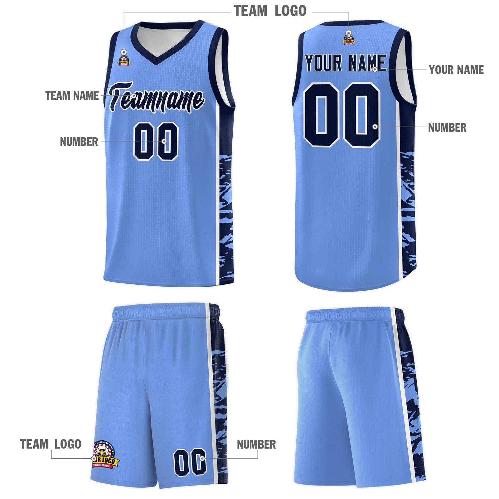 Custom Light Blue Navy Side Gradient Pattern Basketball Kits