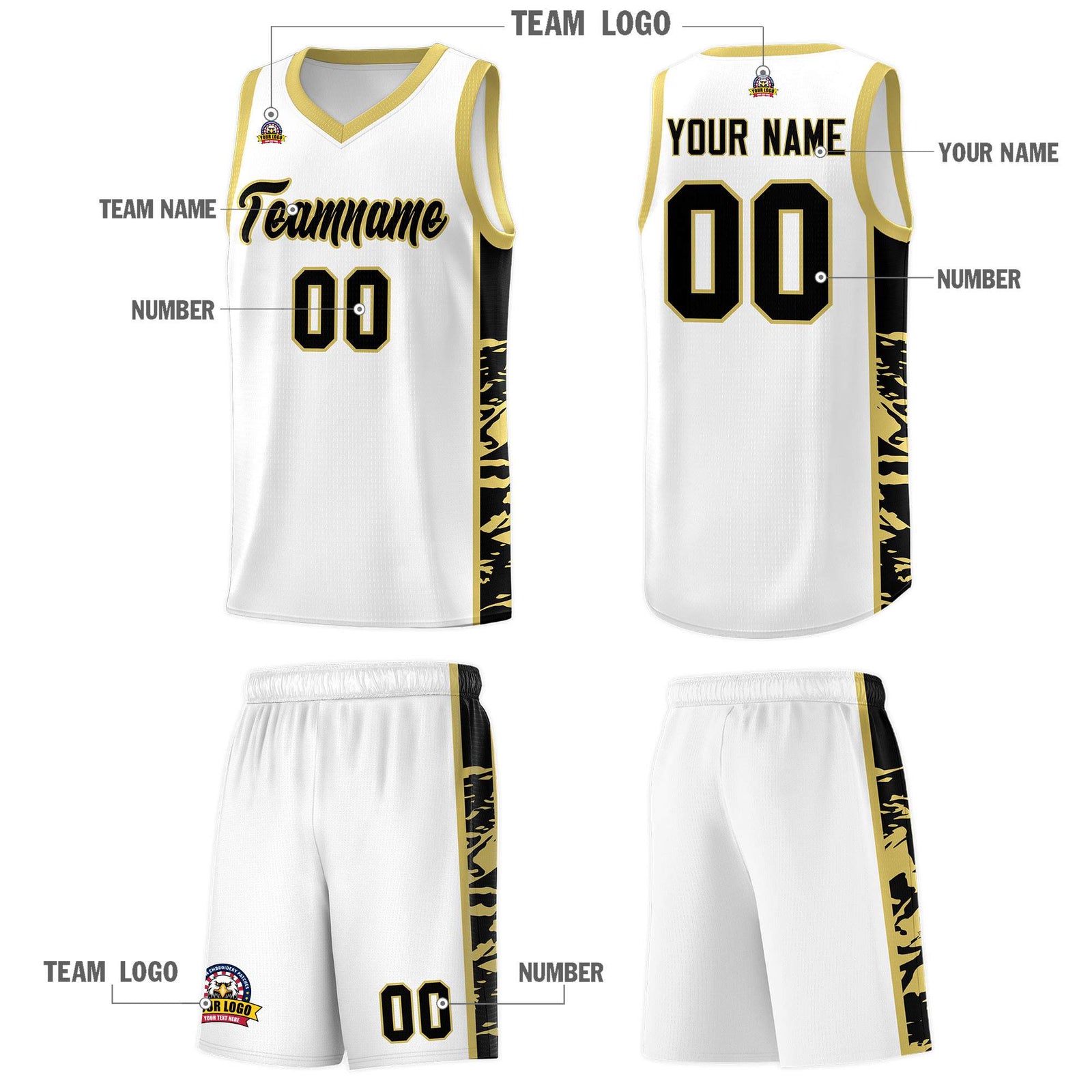 Custom White Old Gold Side Gradient Pattern Basketball Kits
