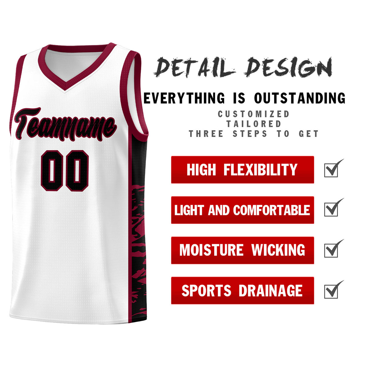 Custom White Crimson Side Gradient Pattern Basketball Kits