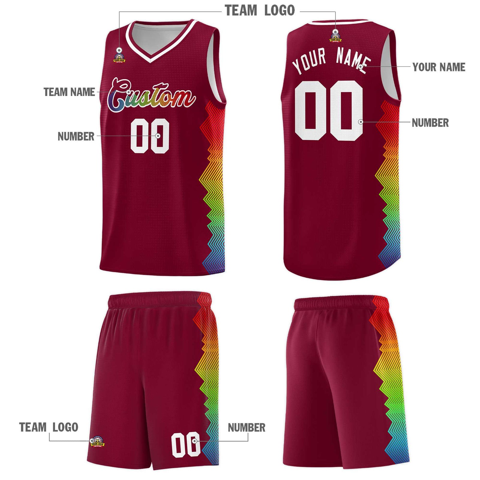 Custom Crimson Denver Nuggets Rainbow Side Sports Uniform Basketball Jersey