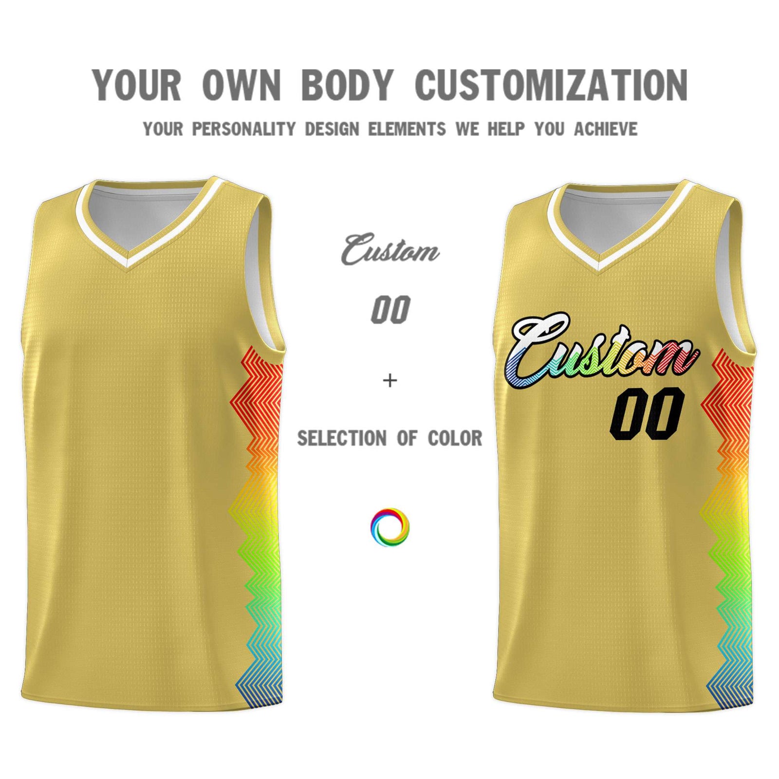 Custom Old Gold Denver Nuggets Rainbow Side Sports Uniform Basketball Jersey