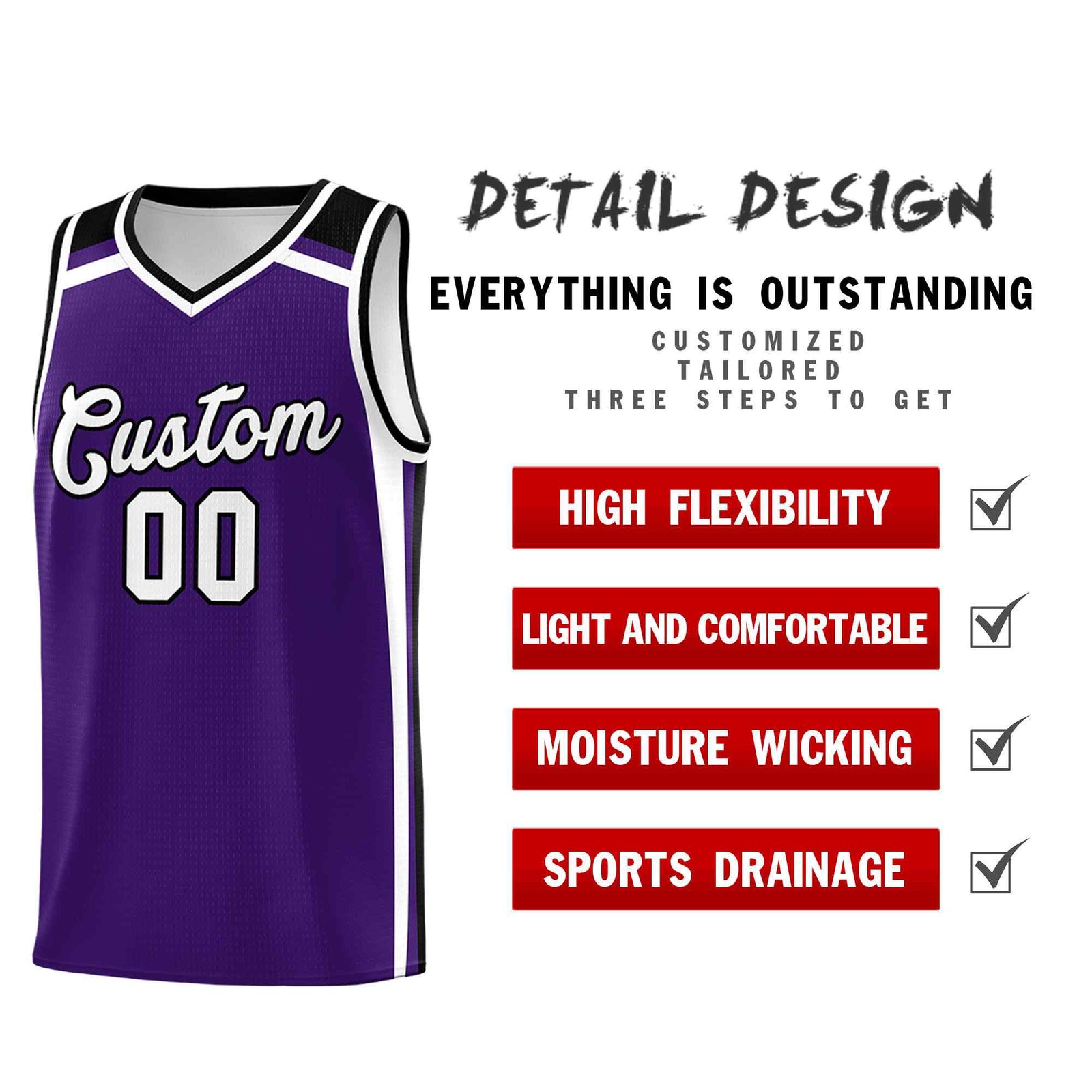Custom Purple White Black Trendy Color Charge Series Sports Uniform Basketball Jersey