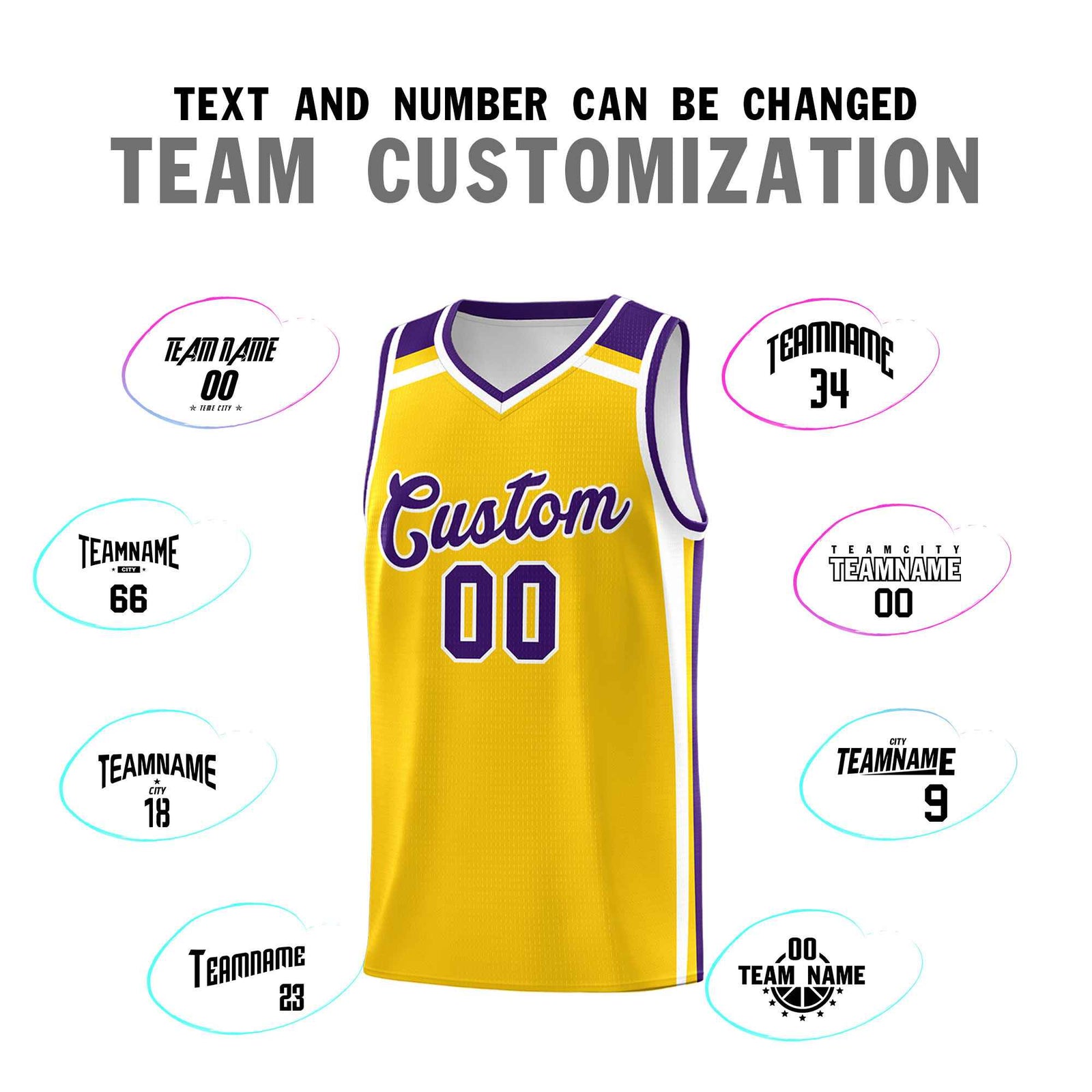 Custom Gold Purple White Trendy Color Charge Series Sports Uniform Basketball Jersey