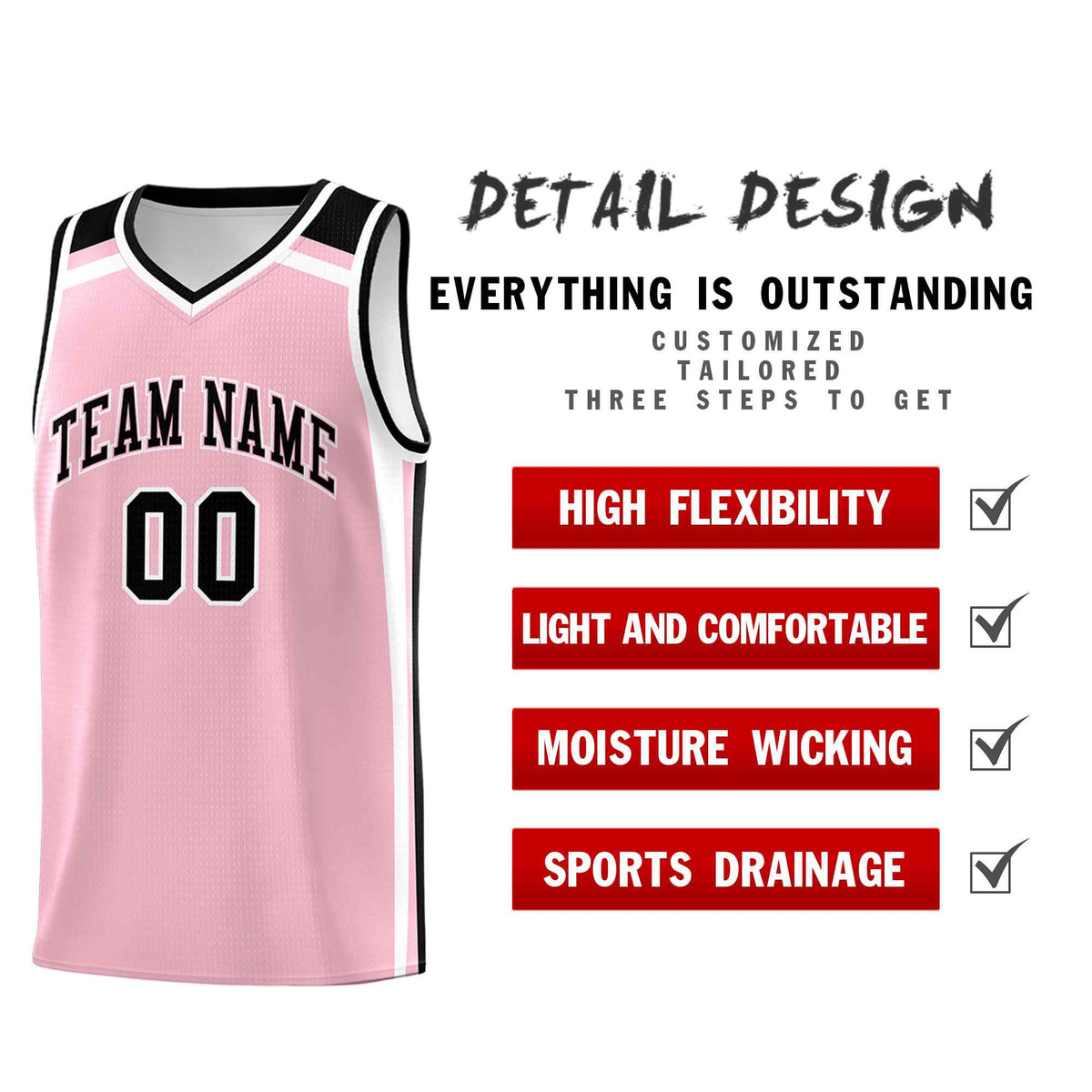 Custom Light Pink White Black Trendy Color Charge Series Sports Uniform Basketball Jersey