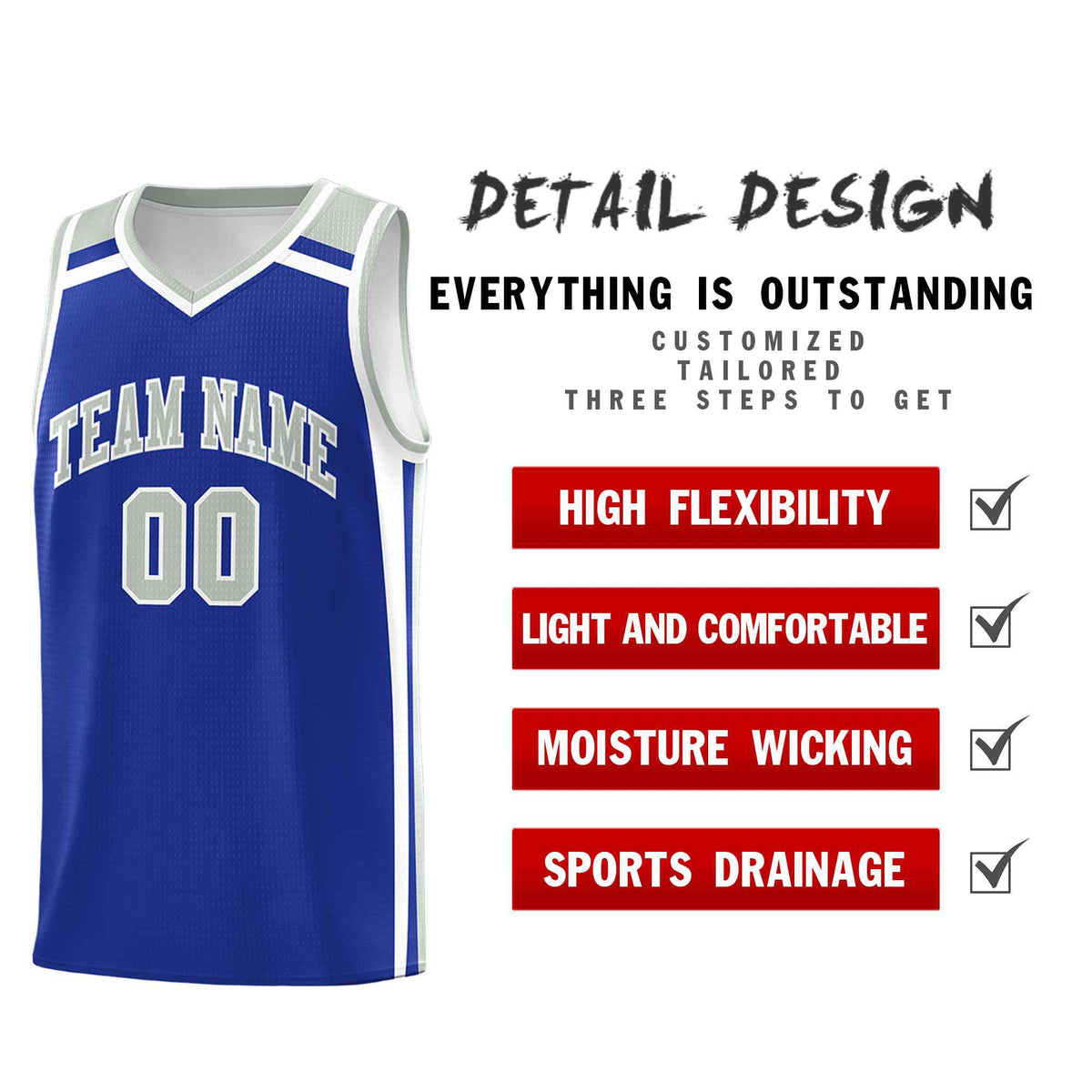 Custom Royal Blue White Gray Trendy Color Charge Series Sports Uniform Basketball Jersey