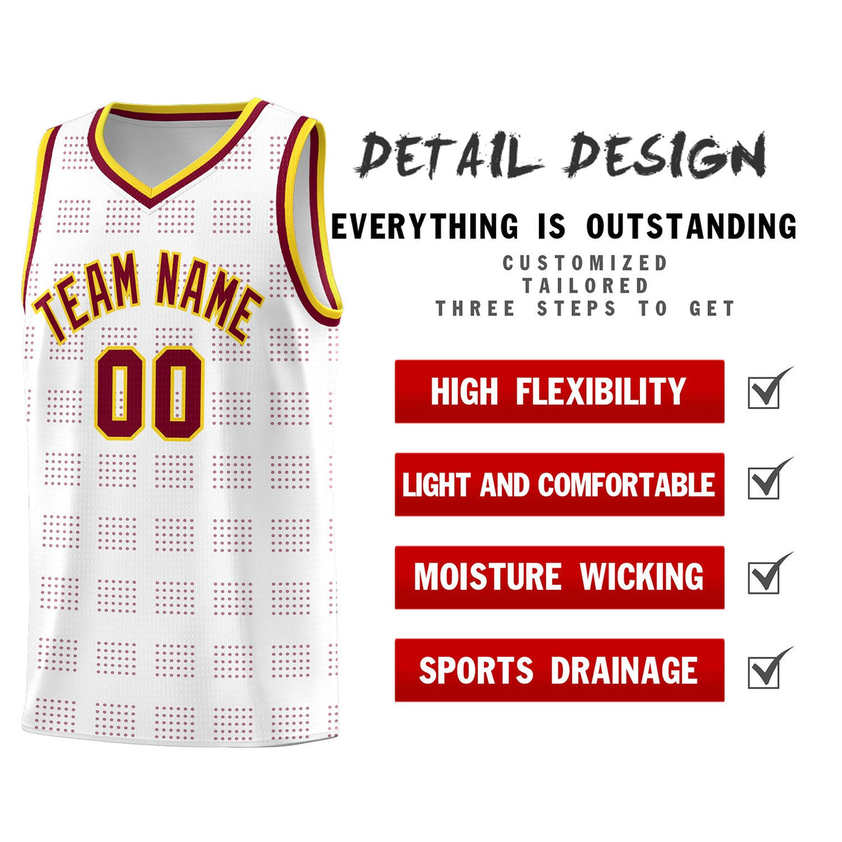 Custom White Crimson Trailblazer Dot Pattern Sports Uniform Basketball Jersey