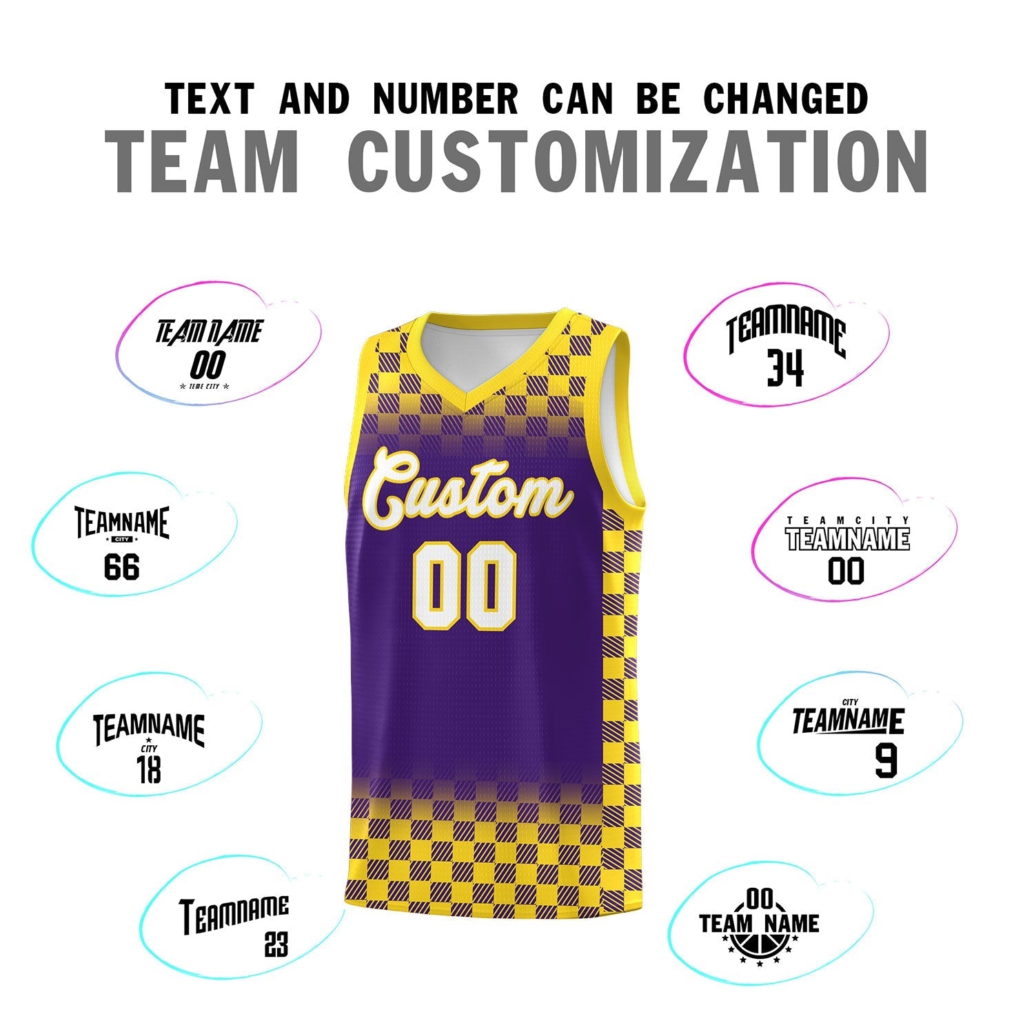 Custom Purple Gold Classic Plaid Pattern Sports Uniform Basketball Jersey