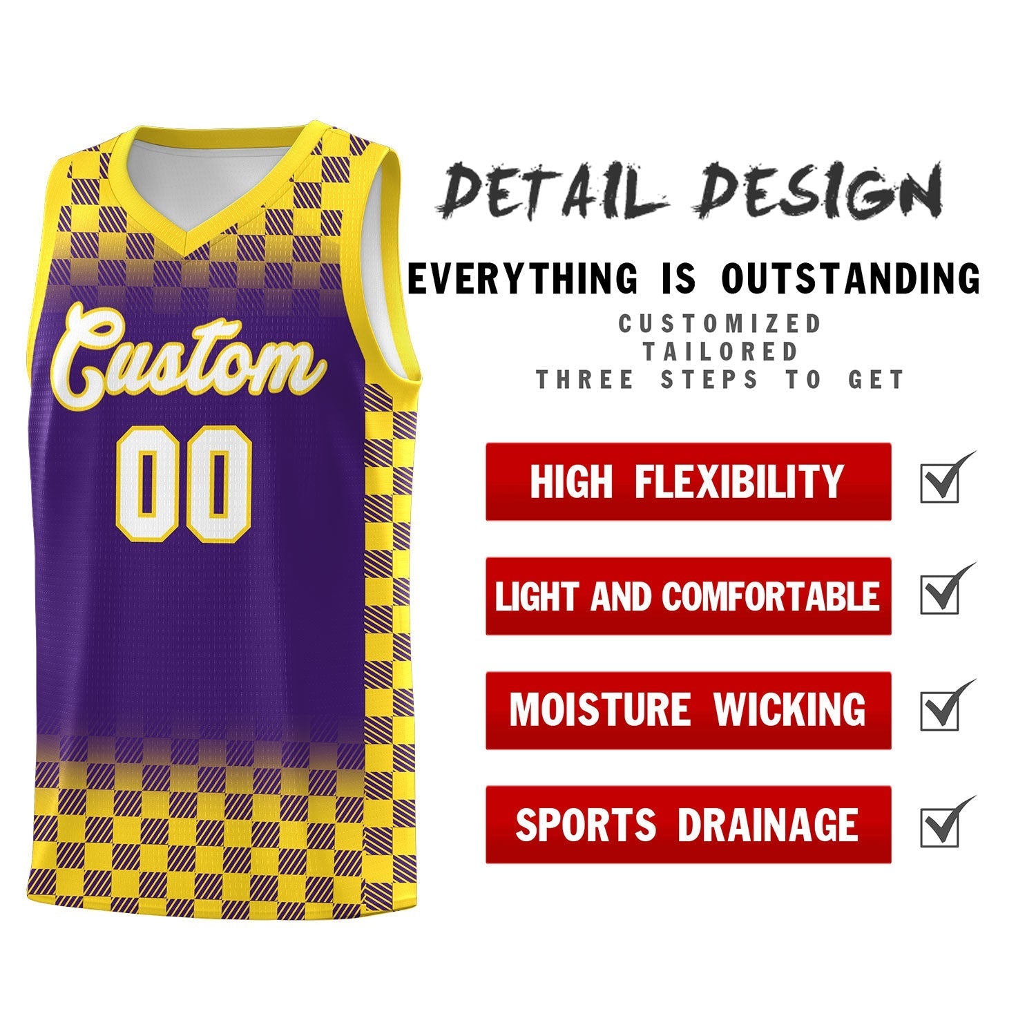 Custom Purple Gold Classic Plaid Pattern Sports Uniform Basketball Jersey