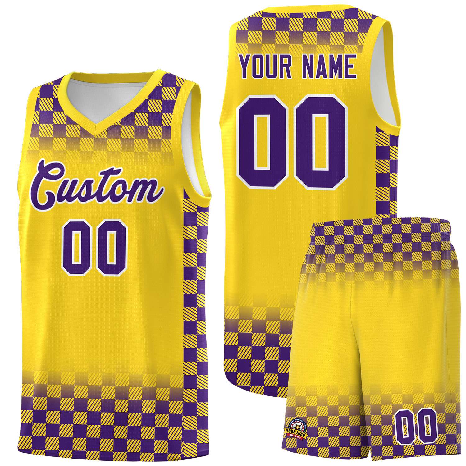 Custom Gold Purple Classic Plaid Pattern Sports Uniform Basketball Jersey