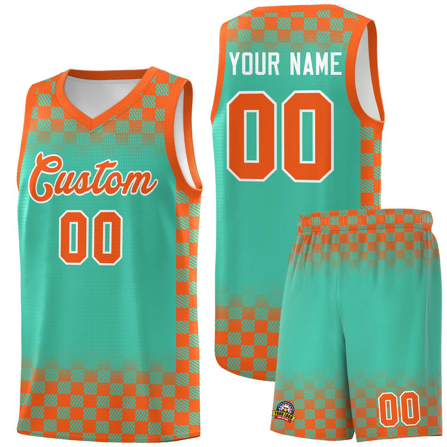 Custom Bright Green Orange Classic Plaid Pattern Sports Uniform Basketball Jersey