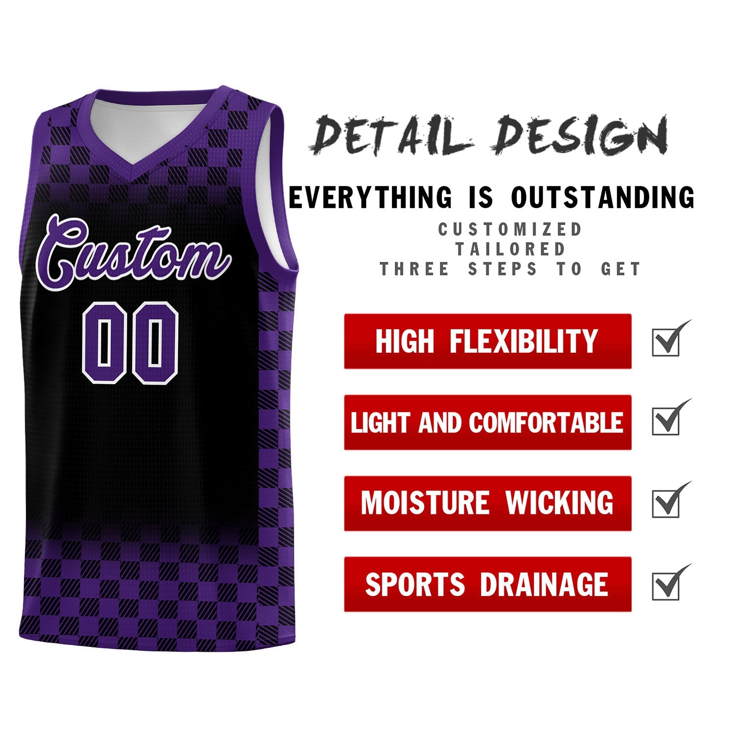 Custom Black Purple Classic Plaid Pattern Sports Uniform Basketball Jersey