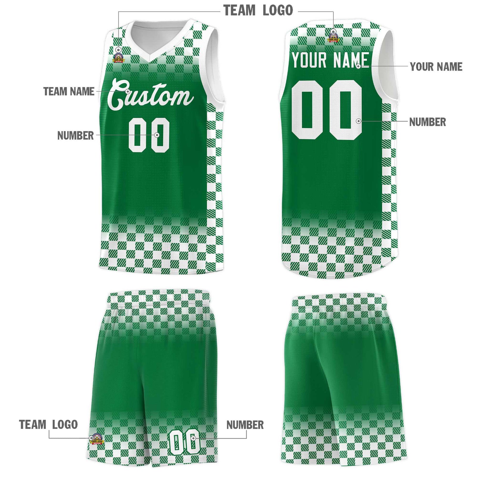 Custom Kelly Green White Classic Plaid Pattern Sports Uniform Basketball Jersey
