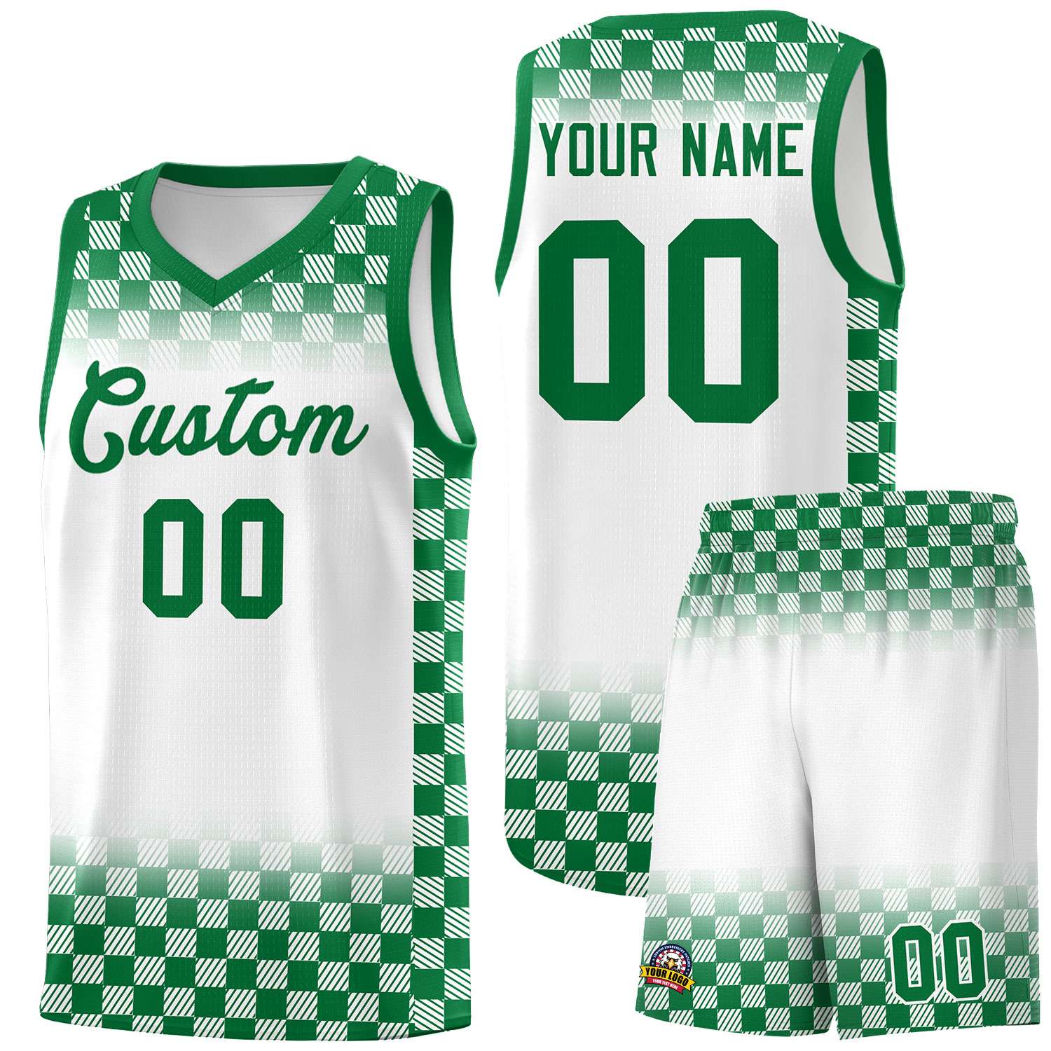 Custom White Kelly Green Classic Plaid Pattern Sports Uniform Basketball Jersey